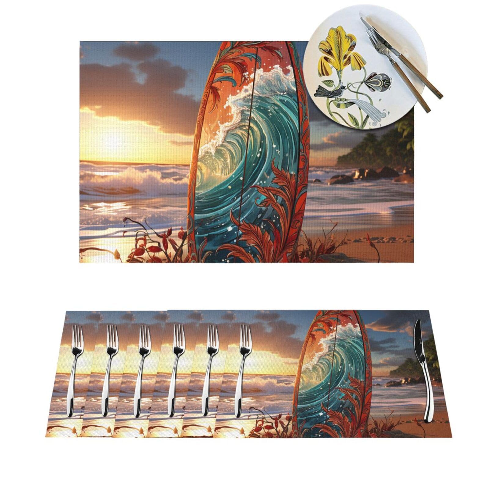 Set de table en vinyle lavable 30x45 cm multicolore sur le thème du surf x4