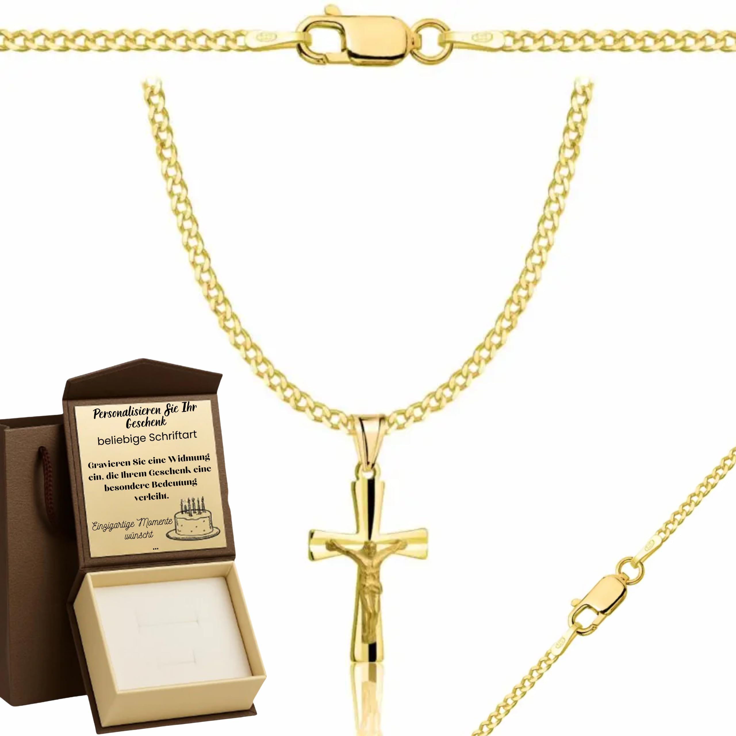 Zelya Collana in argento placcato oro con ciondolo a forma di croce 925 585 – 2 mm, da uomo e da donna, con incisione e confezione regalo