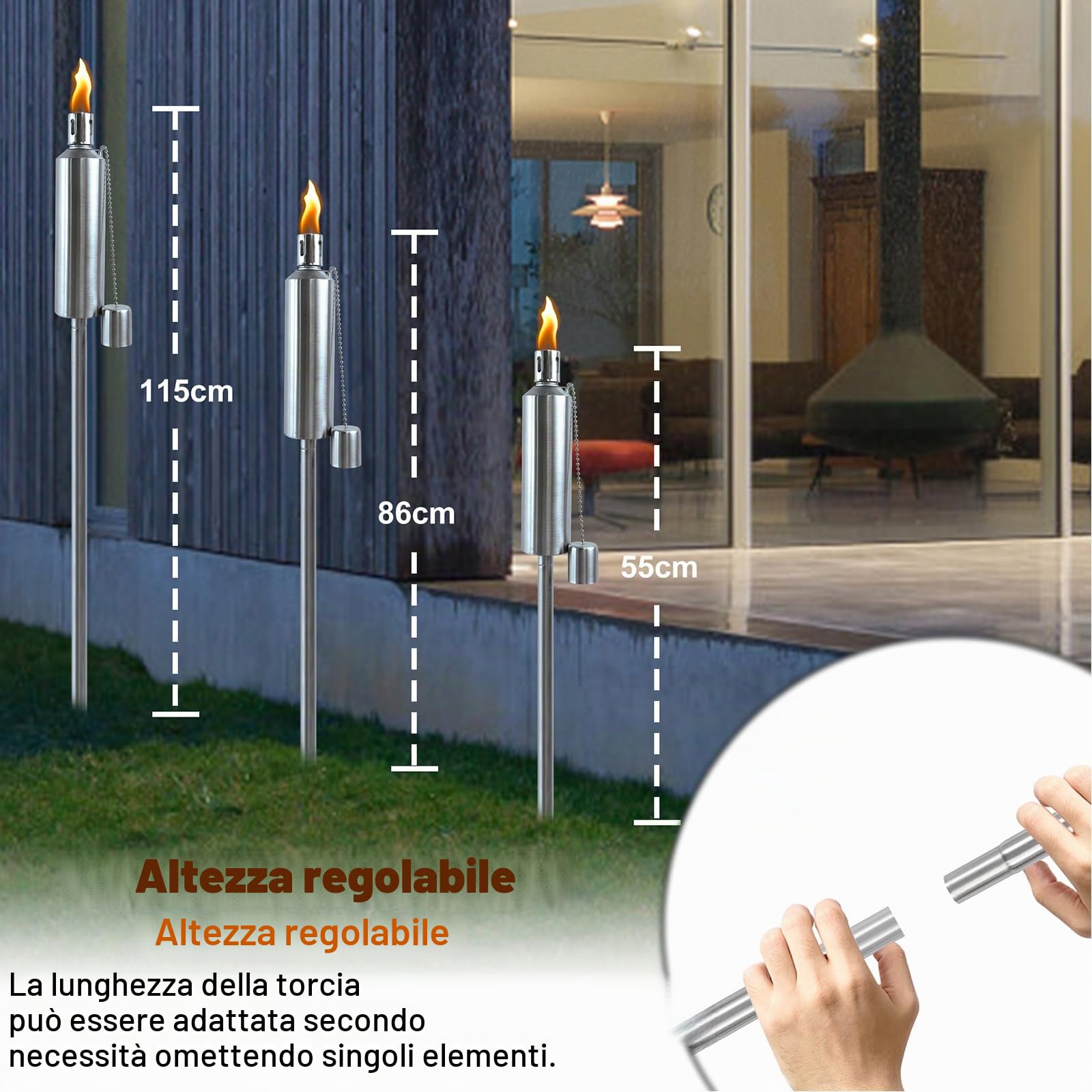 LZQ Set di 6 torce da giardino in acciaio inox, per esterni, per torce, ricaricabili, per balconi e terrazze, per esterni