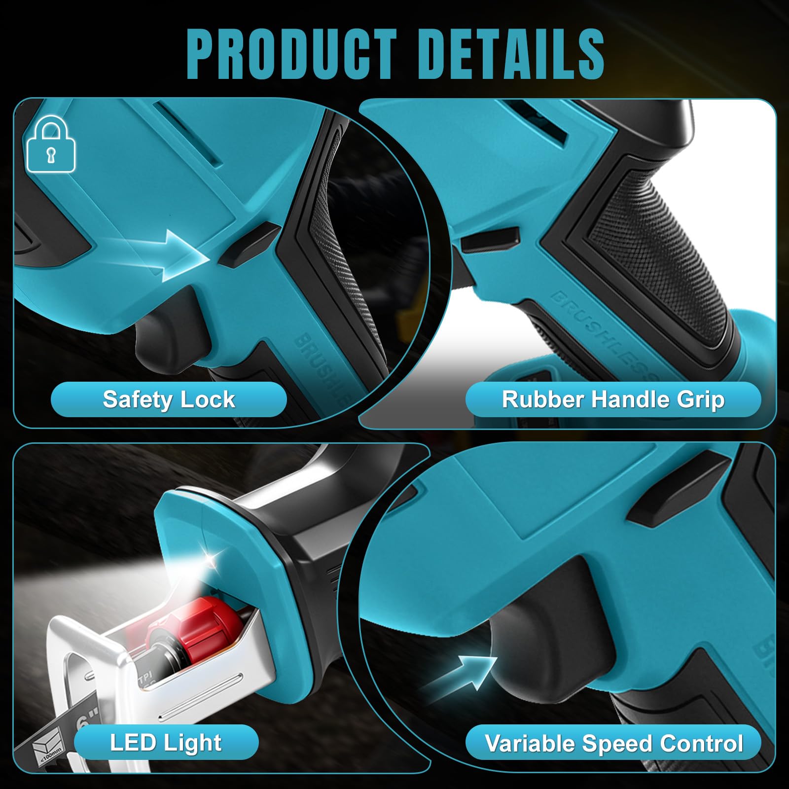 Sierra Sable Inalámbrica con 4 Hojas para Makita 18V (sin Batería) | 600W, Sierra Sable sin Escobillas, con Luz LED, Maletín, para Cortar Madera y PVC
