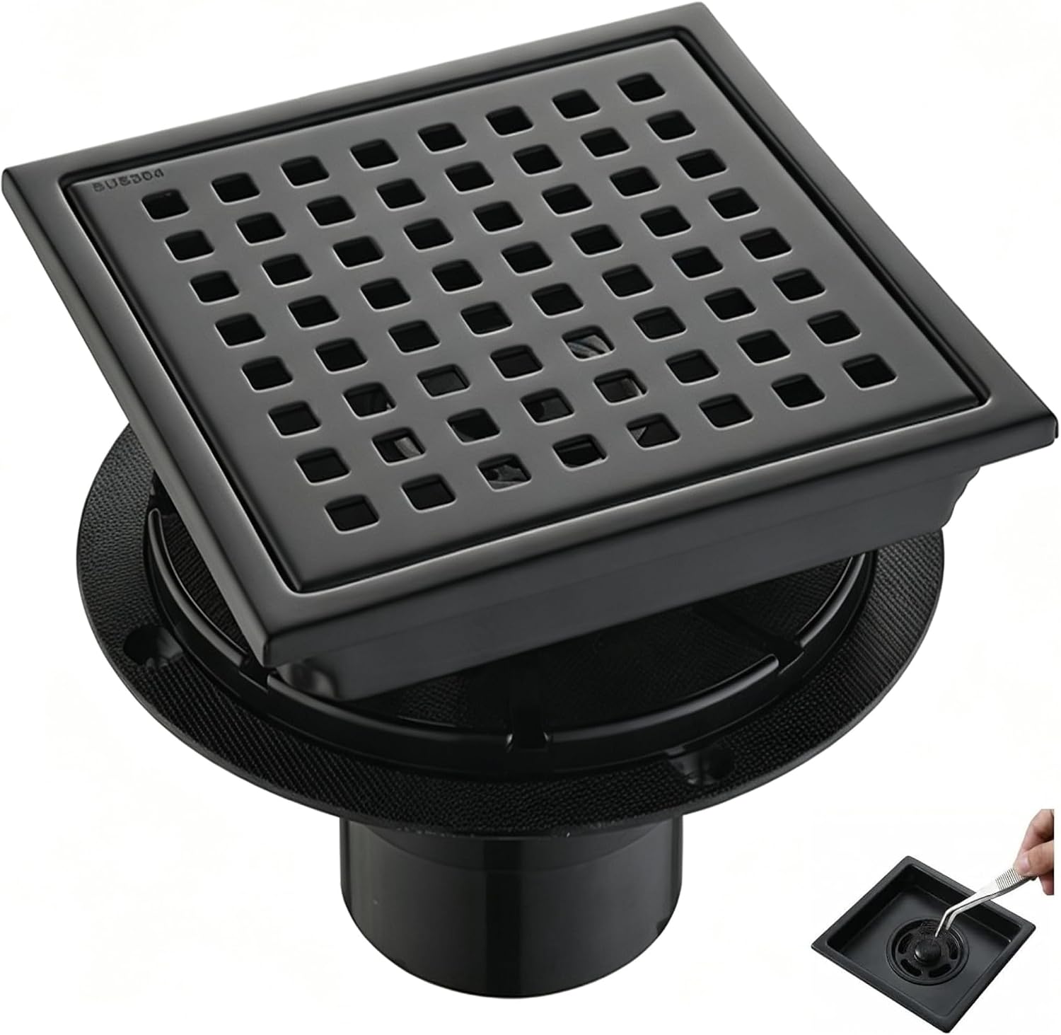 6 Inch Square Shower Floor Drain, Matte Black SUS304 Steel, Removable Hair Catcher Grate with ABS Flange, High Flow Anti-Clog & Odor Prevention, Includes Cleaning Tweezer