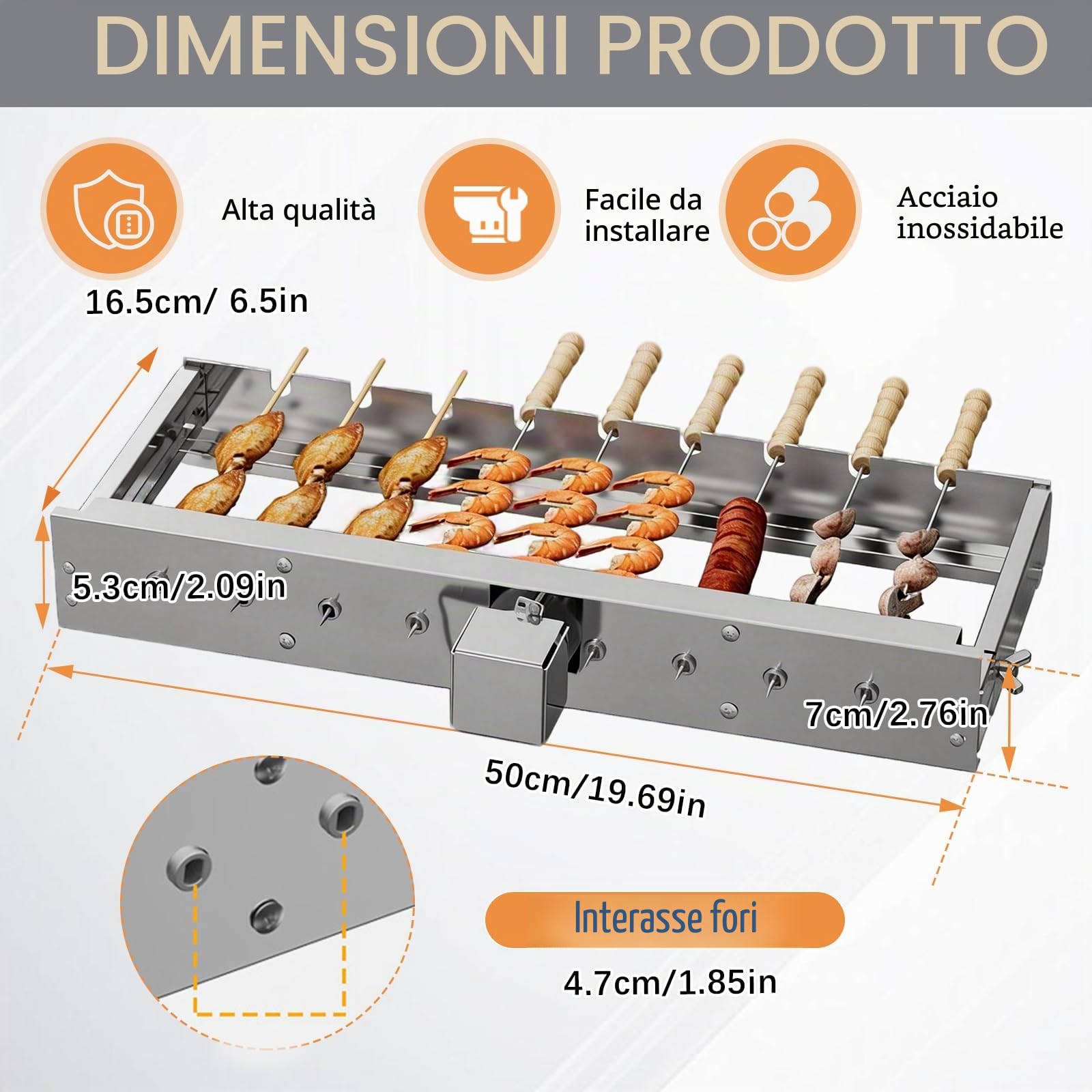 Girarrosto Elettrico, Spiedo Girevole Per Barbecue In Acciaio Inox 50 cm Con Motore USB Accessorio Schaschlik 9 Fori Con 9 Spiedini 5 Giri/Min Larghezza Regolabile Accessori Per Grill Da Giardino