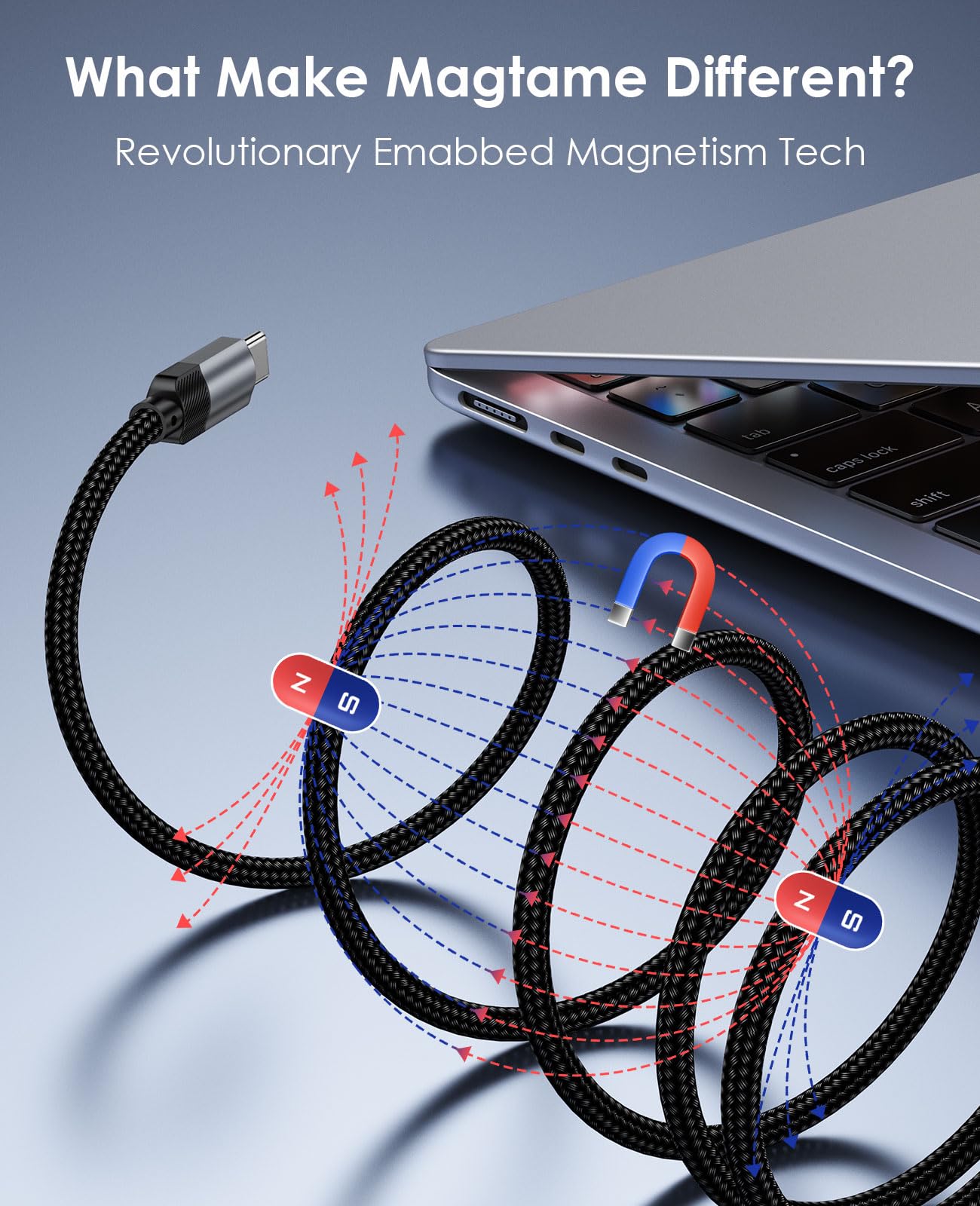 Magtame Cavo USB-C magnetico da USB-C a USB-C da 60 W (3 A) per i_Phone 15 Pro Max Plus, cavo di ricarica rapida a spirale in nylon di tipo C per Samsung, per Pad, Macbook, design originale Patent