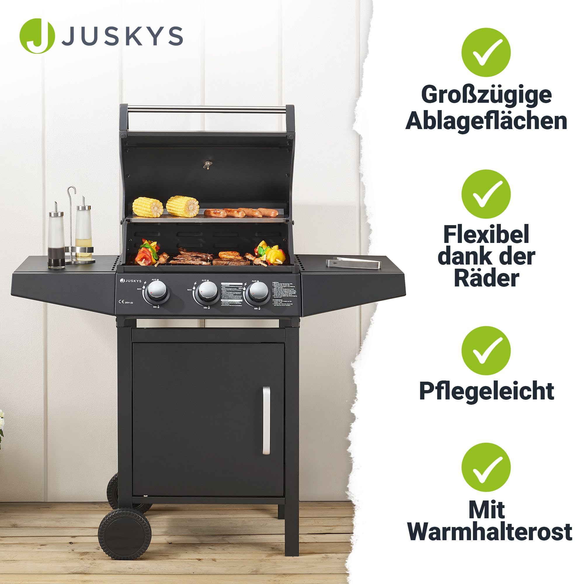 Juskys Gasgrill Louisiana 3 Brenner 8,1 kW – BBQ Grillwagen mit Deckel, Grillrost & Warmhalterost, Grill mit Thermometer, Seitenablagen & Abdeckplane