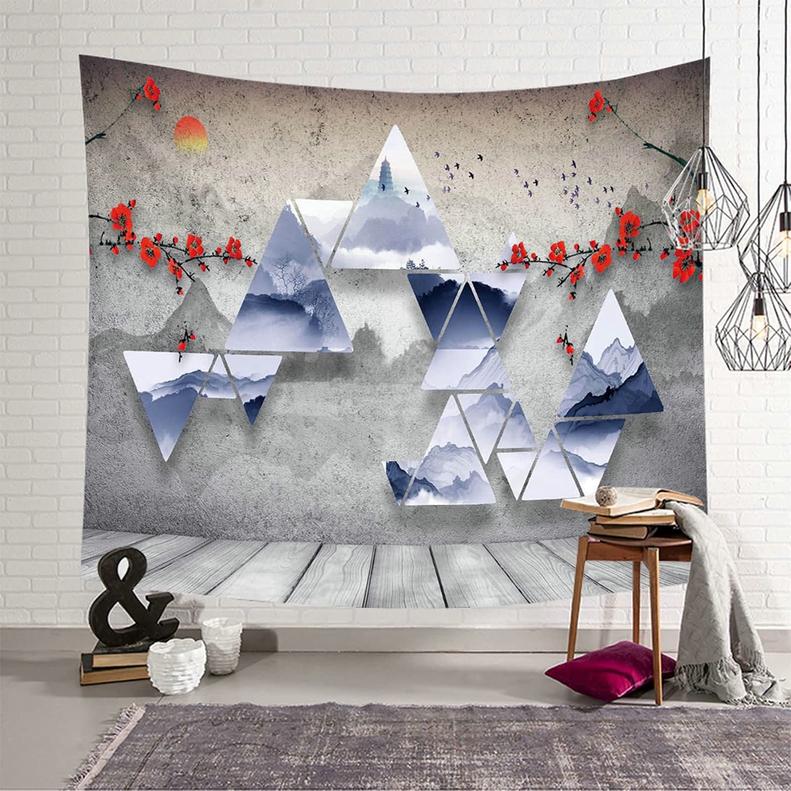 Tapiz de pared KnSam de triángulo rojo y gris para renovar tu salón con estilo moderno