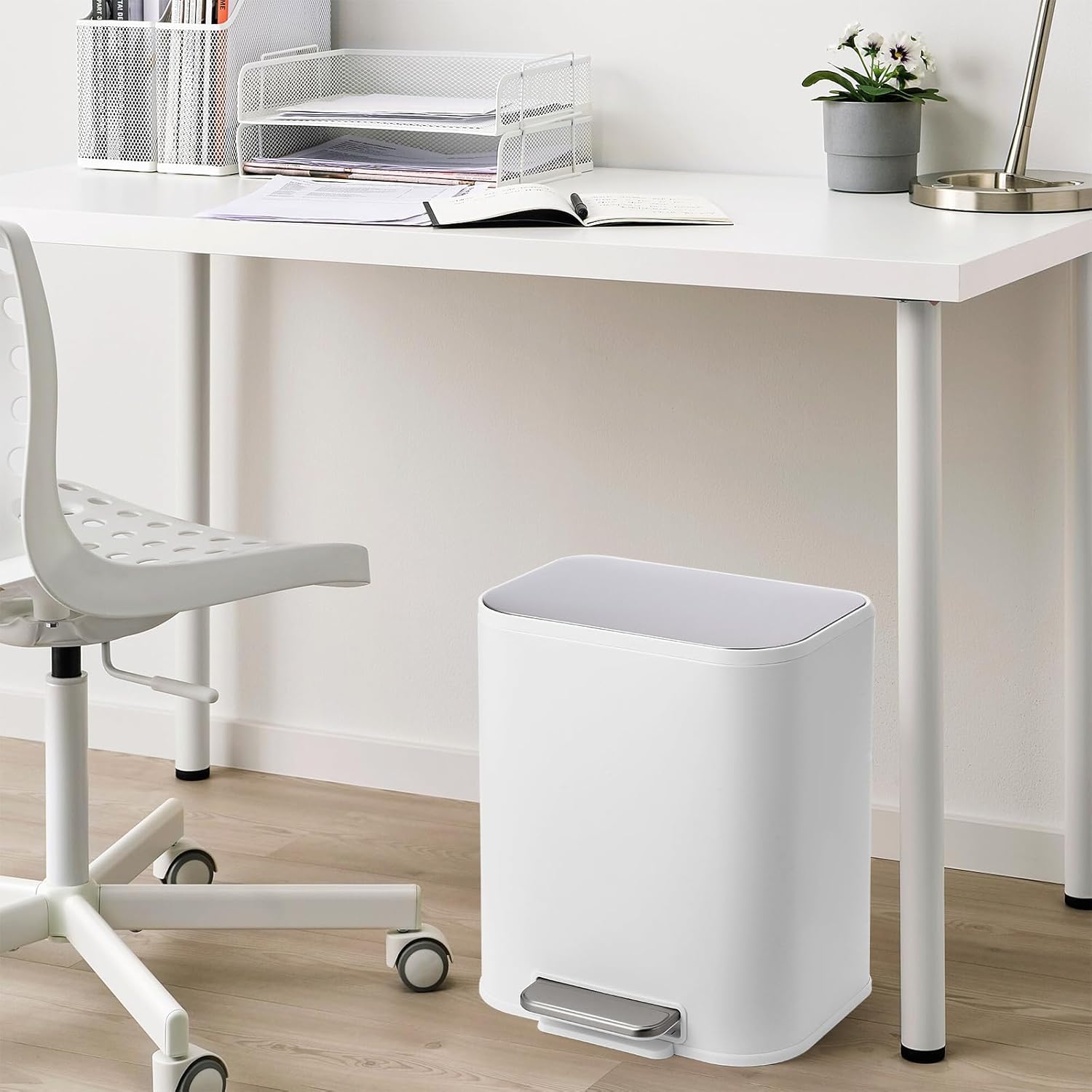 5.3 gal Trash Can for Kitchen, Stainless Steel Garbage Can with Soft-Close Lid, Foot Pedal and Removable Inner Bucket, Rectangular Trash Can for Office Bathroom Living Room, White