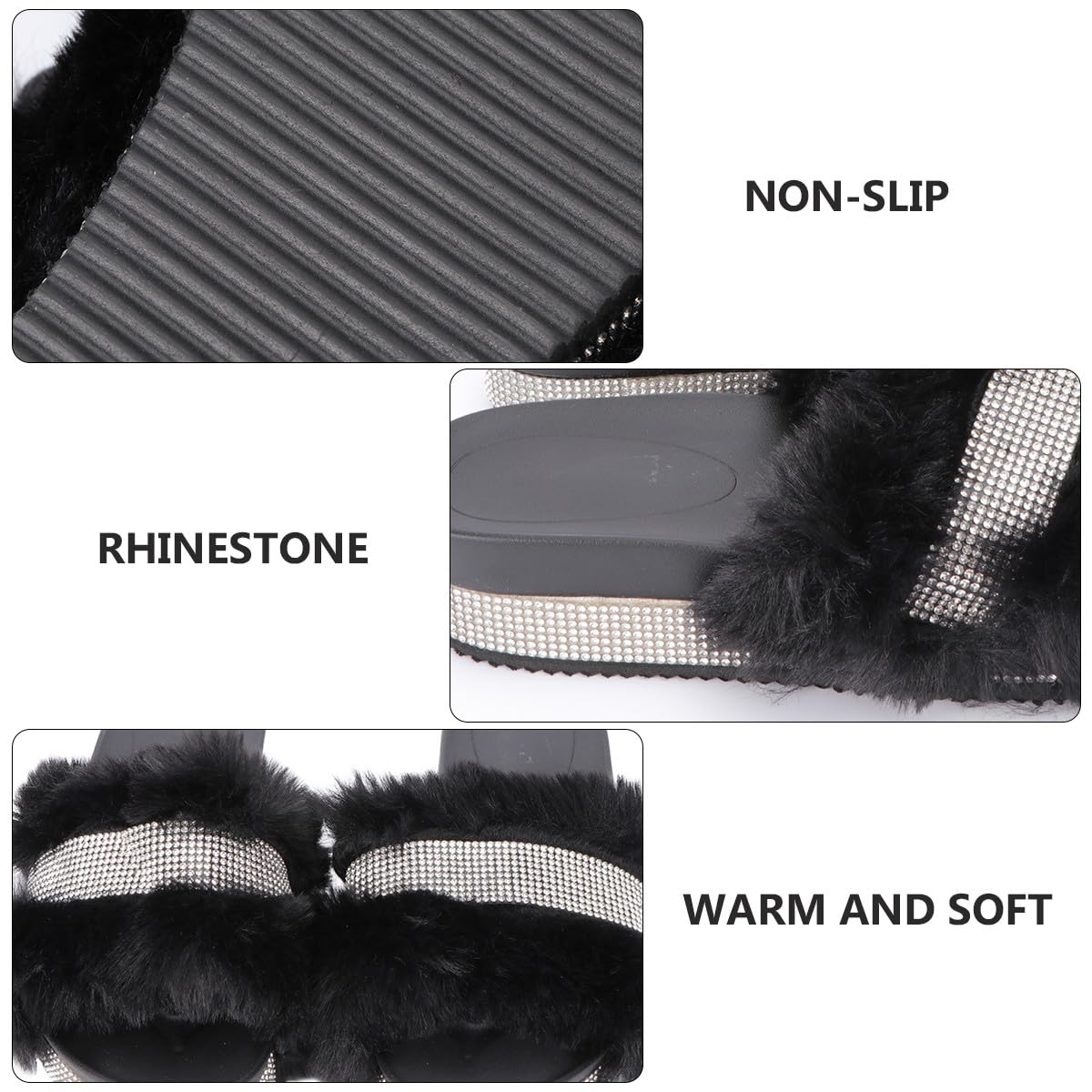 Pantofole da Donna Invernali Suola Spessa e Pelliccia Morbida, Leggere e Calde, Decorate con Pietre Luminose Nero, 1 Paio per Casa e Relax