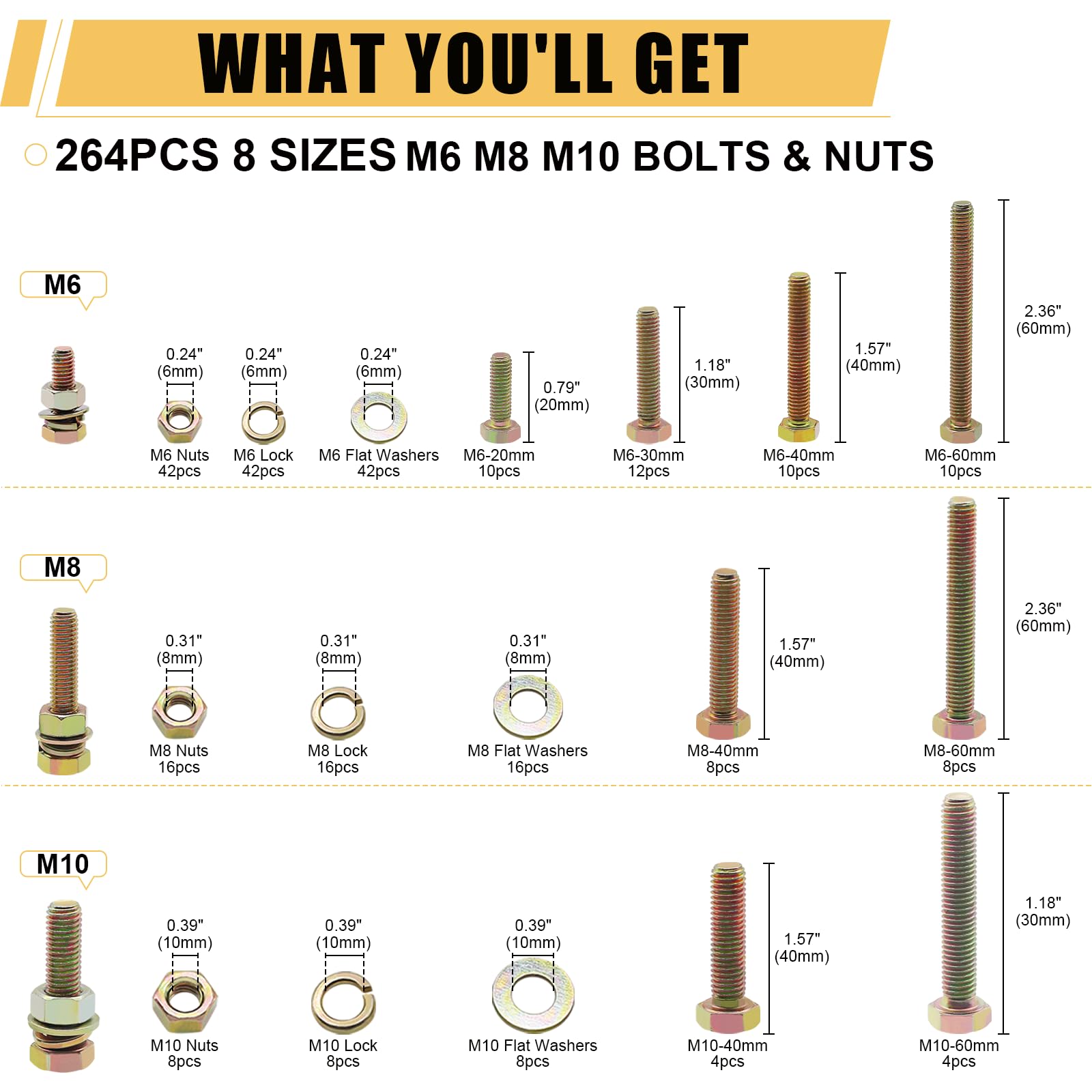 Siptenk 264PCS M6 M8 M10 Heavy Duty Bolts and Nuts Assortment Kit, Grade 8.8 Metric Assorted Hex Head Bolts Nuts Flat Washers Assortment Sets