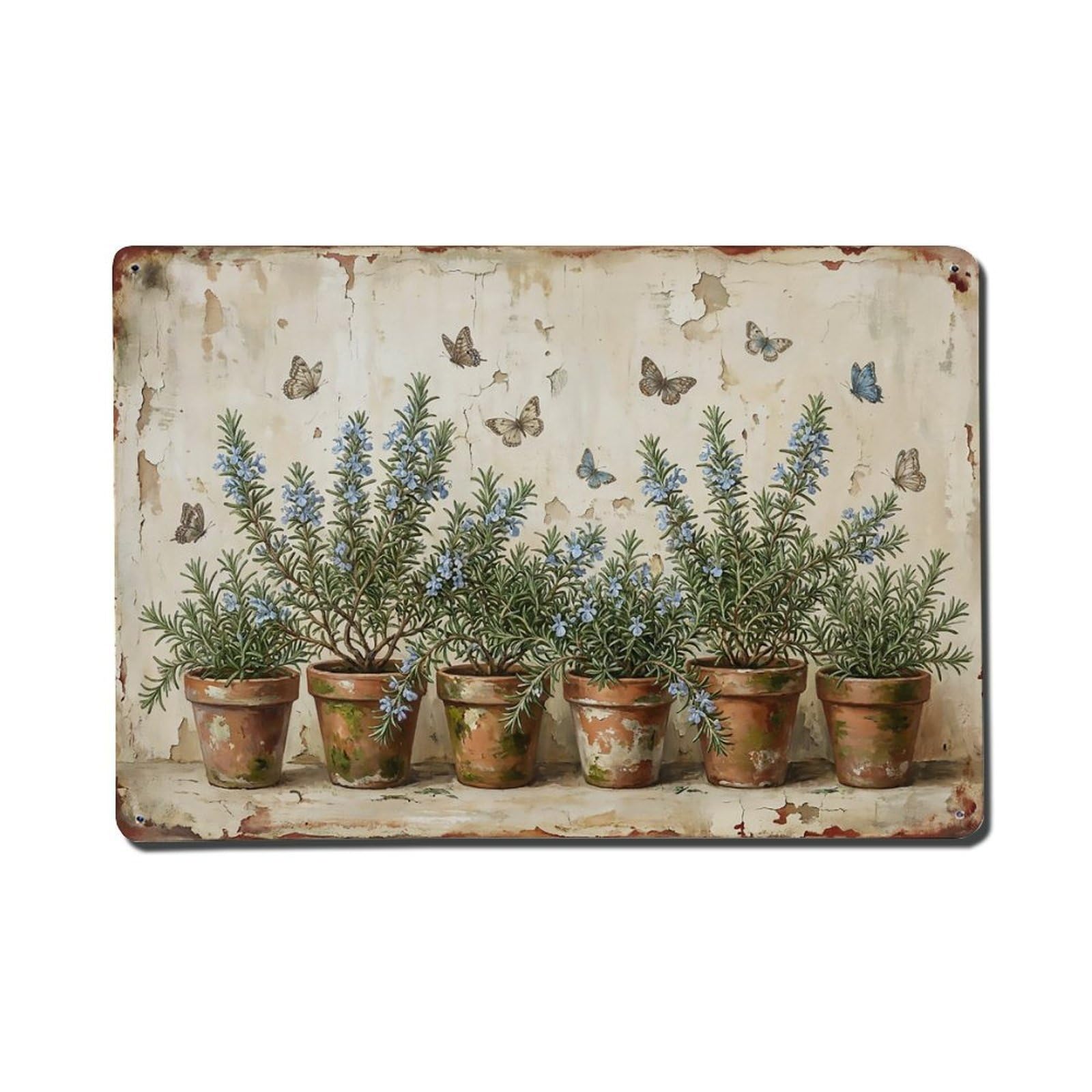 Vintage Rustic Flower Potted Plants Rosemary Metal Tin Sign