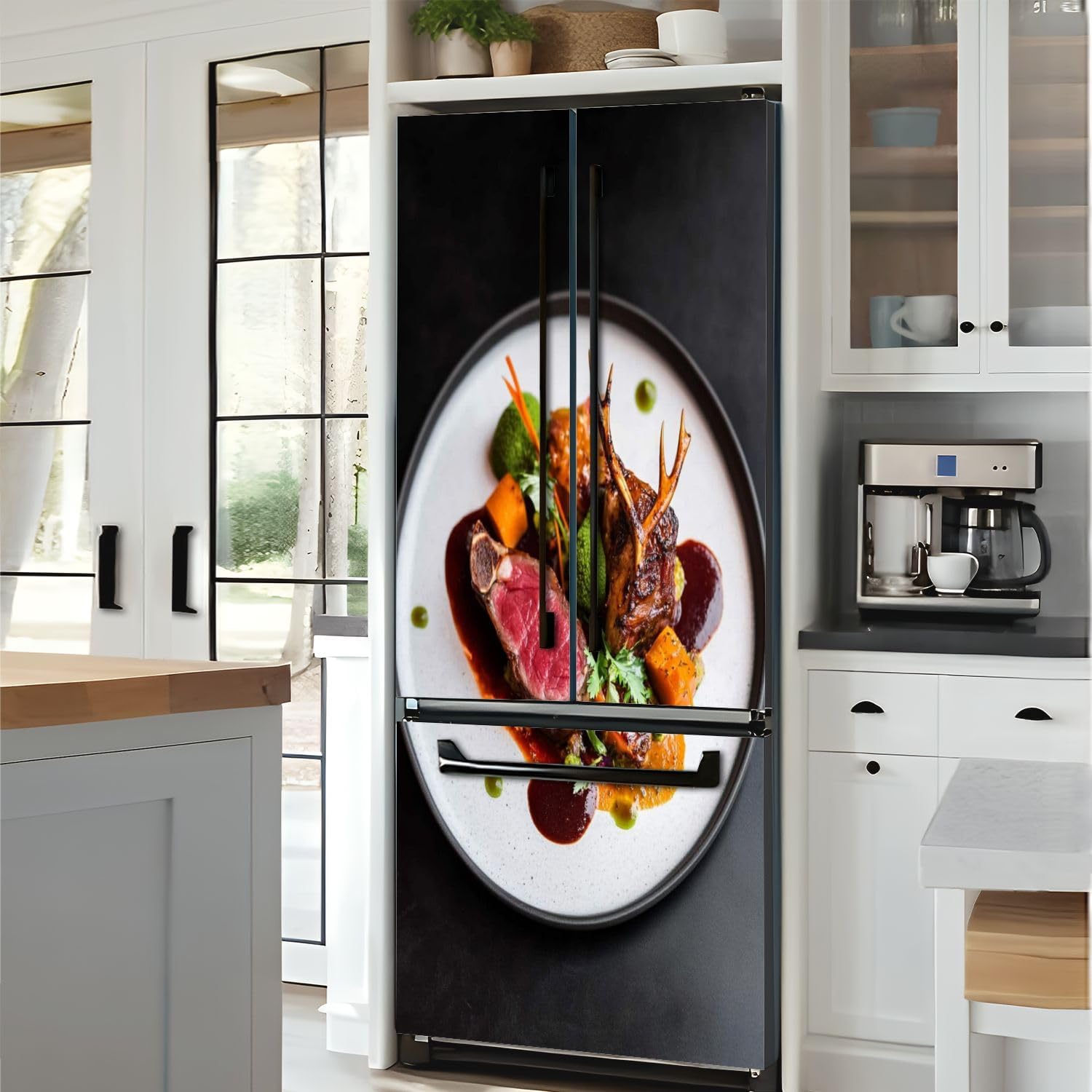 Self Adhesive Vinyl Refrigerator Wrap Beef Deer Steak Filet Gravy Carrot Puree Carrot Cake Served red Wine Door Mural Sticker Peel and Stick Removable Door Cover Fridge Wrap Decal for Kitchen Decor