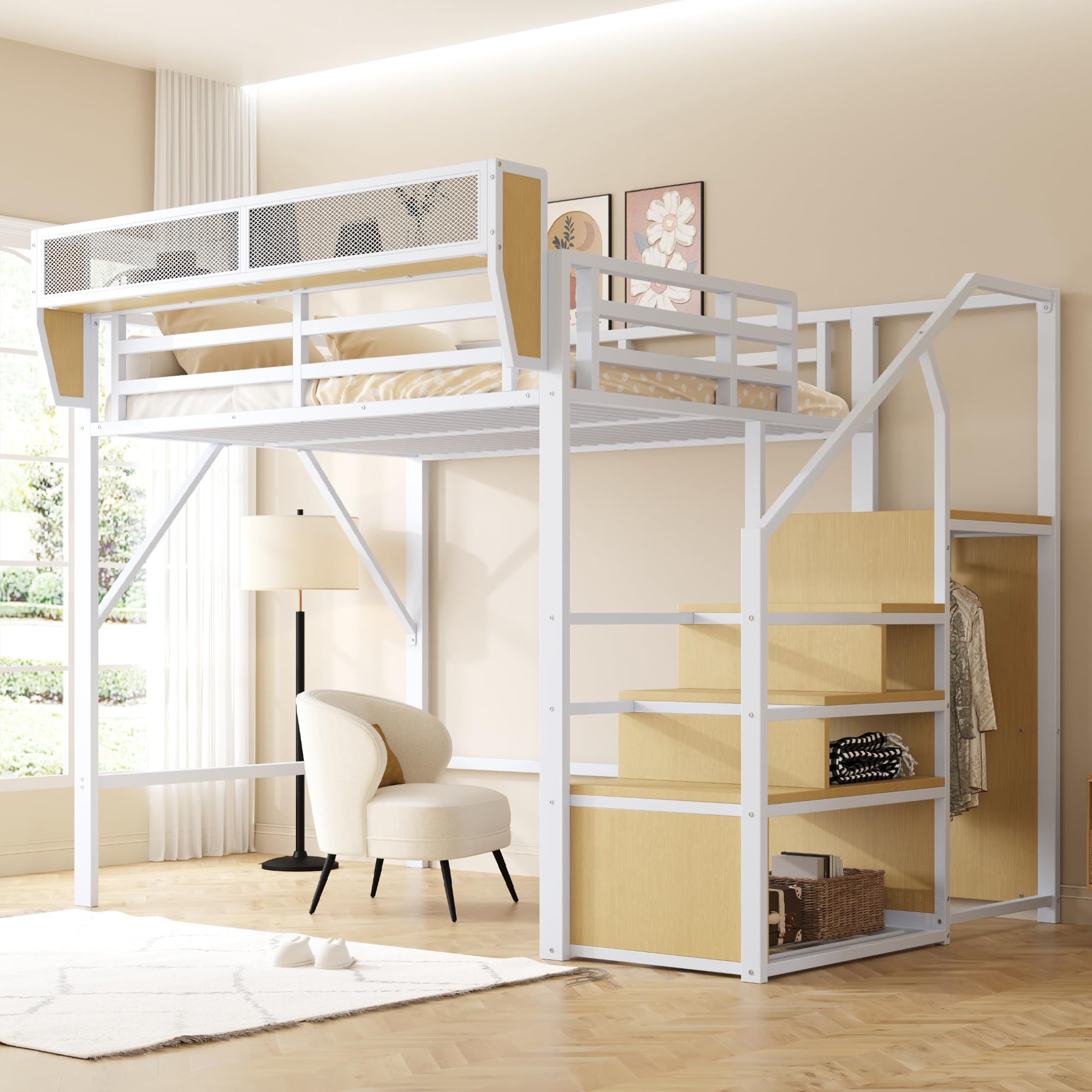 Merax Lit Mezzanine 140x200 cm en métal, avec échelle sécurisée, étagère de Rangement Amovible, lit surélevé Adulte/Enfant, Blanc (sans Matelas)
