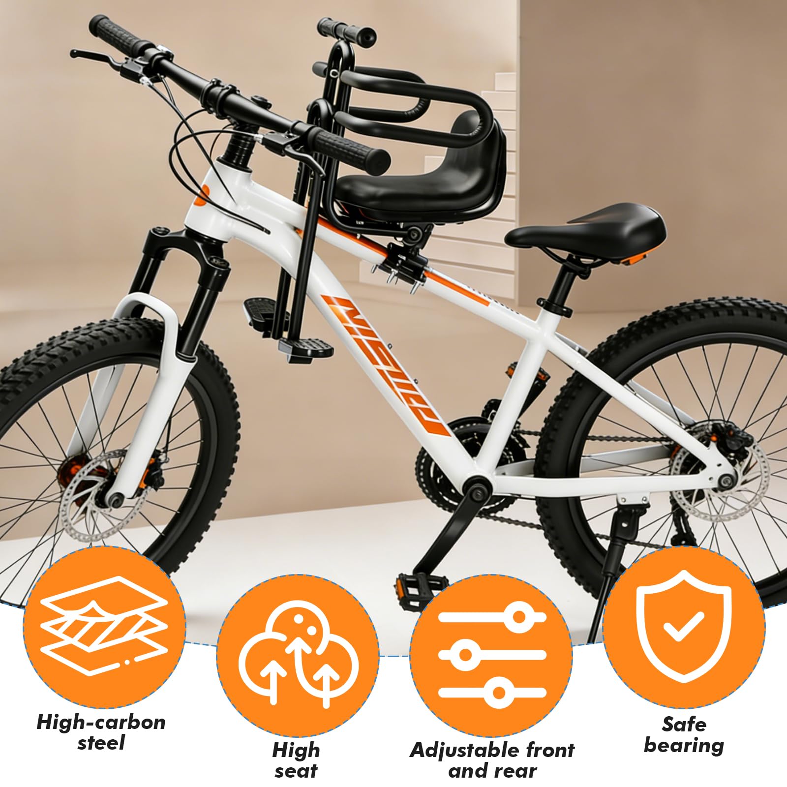 Siège Enfant Vélo Avant pour VTT, Siège Vélo Enfant Avant avec Accoudoirs & Repose-Pieds – Porte-bébé Vélo pour Adulte (2-6 Ans, 30kg) – Arceau de Sécurité & Sangles Réglables