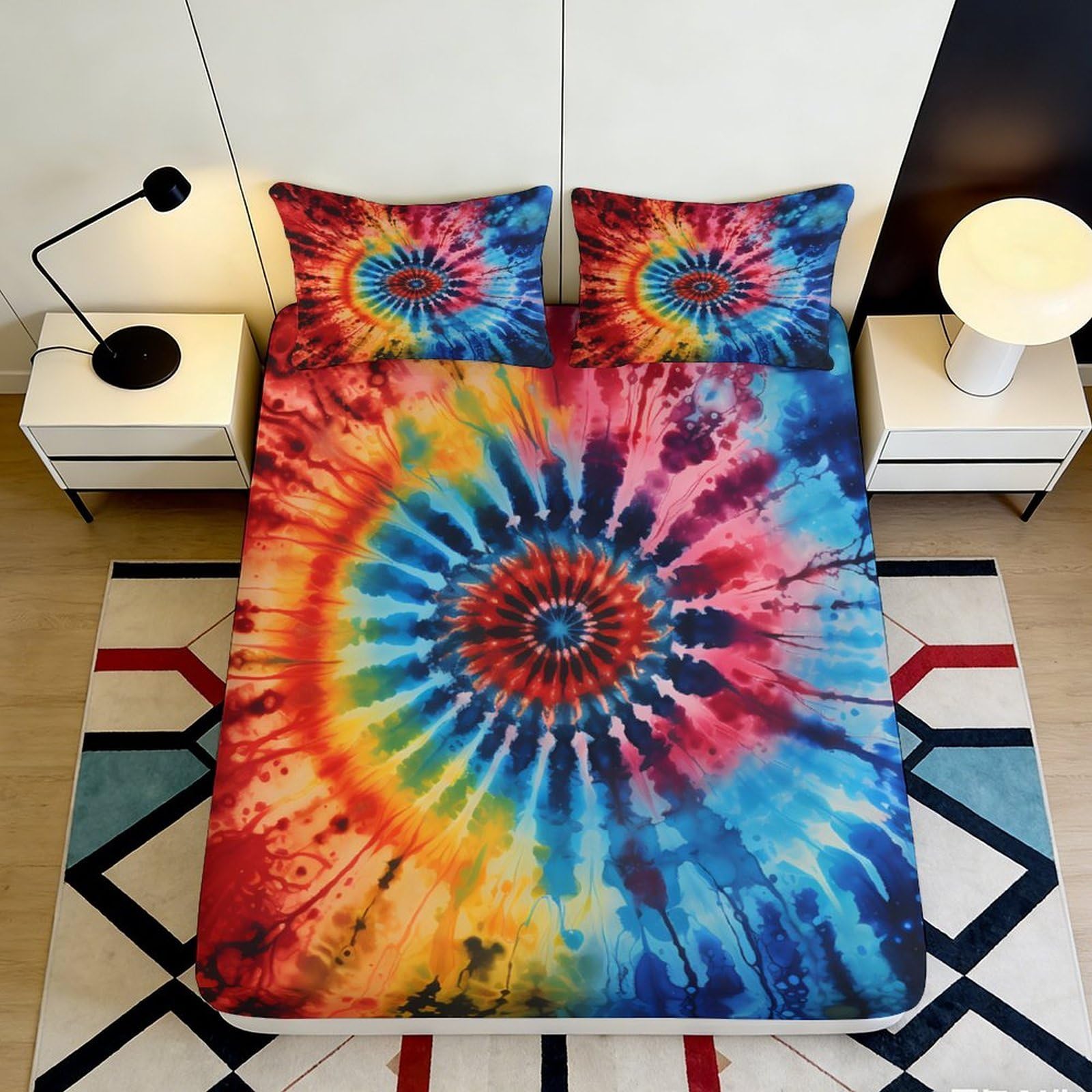 3D Printed Tie Dye Rainbow Spiral Fitted Sheet Microfiber Soft Mattress Cover for Bedroom Dorm Decor Protection 120x200x25cm