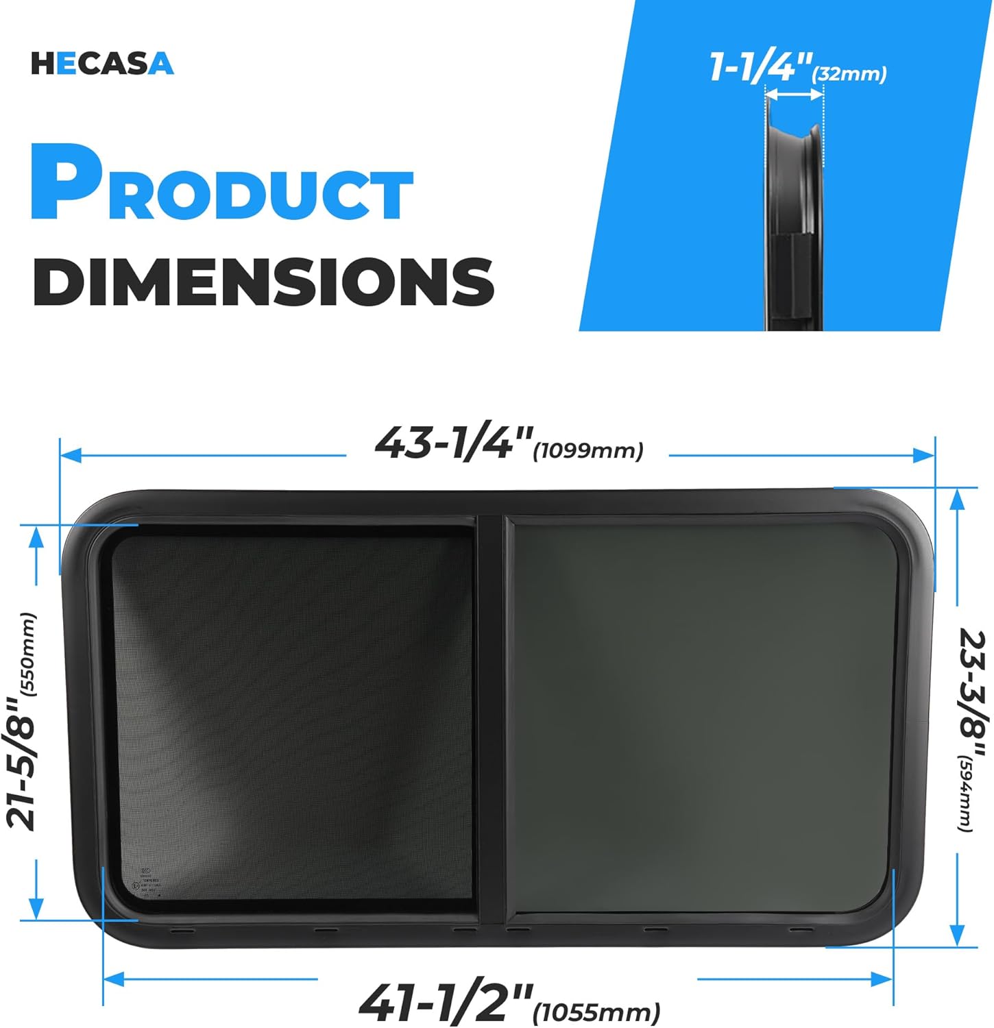 HECASA RV Window 42" W X 22" H Teardrop Horizontal Sliding Window W/ Trim Ring for 1.5" Wall and Mesh Screen Tempered Glass Powder Coated Black 2PCS