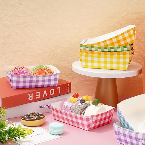 Miniatura 4 de 120 bandejas de comida de papel a cuadros de colores, 6 colores, desechables, a cuadros, a prueba de grasa, barcos de comida a prueba de grasa,
