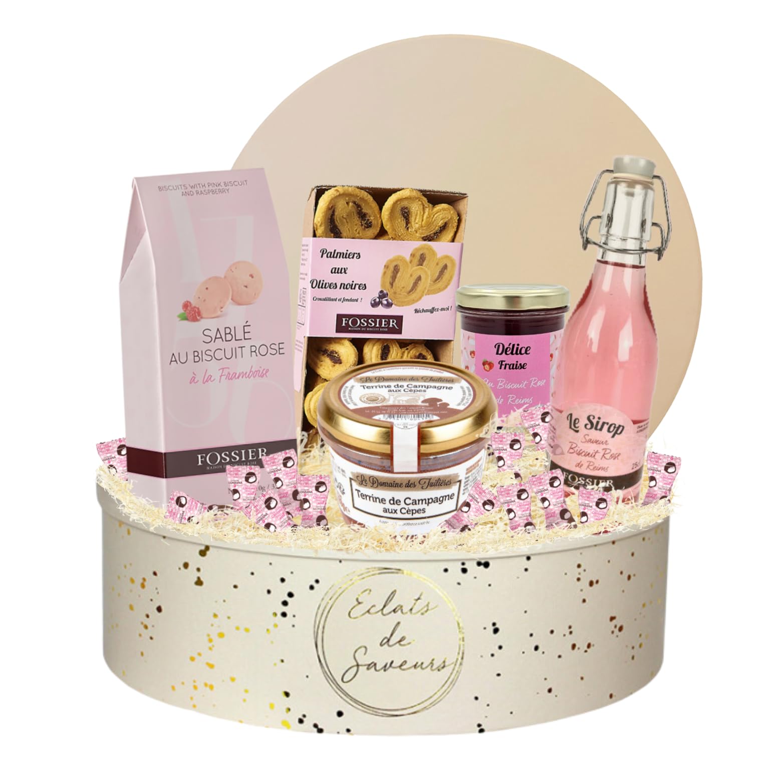Coffret gourmand FOSSIER et MONBANA - biscuits roses, confiture, guimauves | Coffret FOSSIER et MONBANA - biscuits roses, confiture, sirop, guimauves et terrine - cadeau gourmand à offrir en fête
