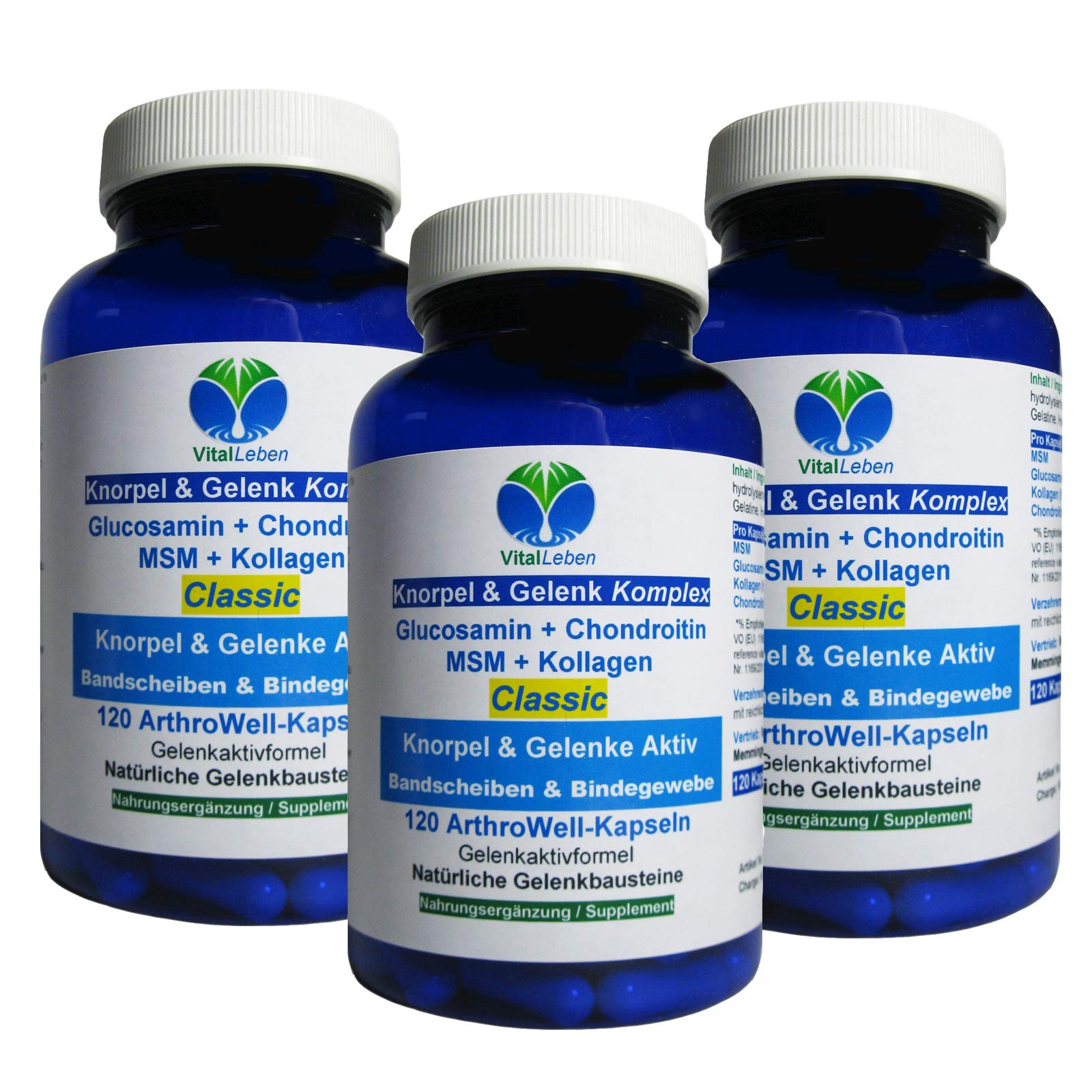Knorpel-Gelenke-Komplex ArthroWell 360 (3x120) Kapseln Glucosamin Chondroitin MSM Kollagen-Peptide für Beweglichkeit, Rücken, Knie, Hüfte, Haut, Senioren, Älterwerden. OHNE Zusatzstoffe. 26440-3