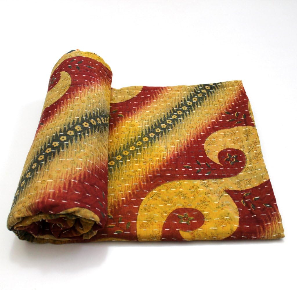 Vintage Throw Kantha Quilt Indian Handmade Bohemian Bedspread Reversible Cotton Ethnic Sari Fabric Embroidered Bedding Blanket Gudari