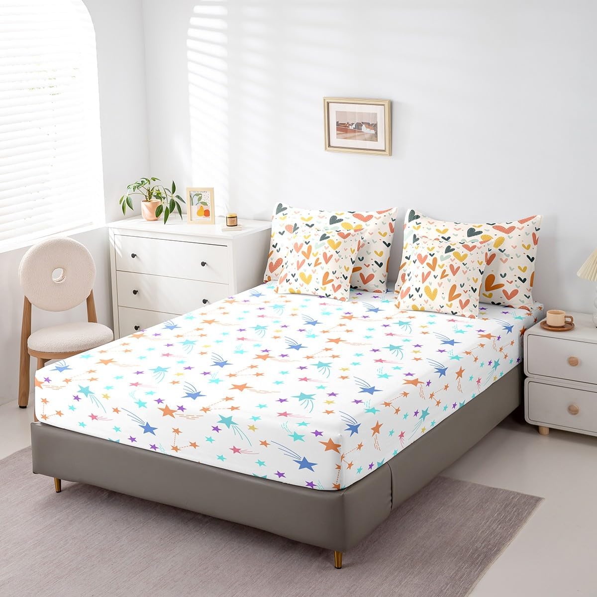 Feelyou Cute Heart 7 Piece Bedding Set Twin, Colorful Heart Pattern Comforter Set with Sheets Rainbow Bedding Sets with Comforter, Pillowcases, Flat Sheet, Fitted Sheet and Cushion Cover