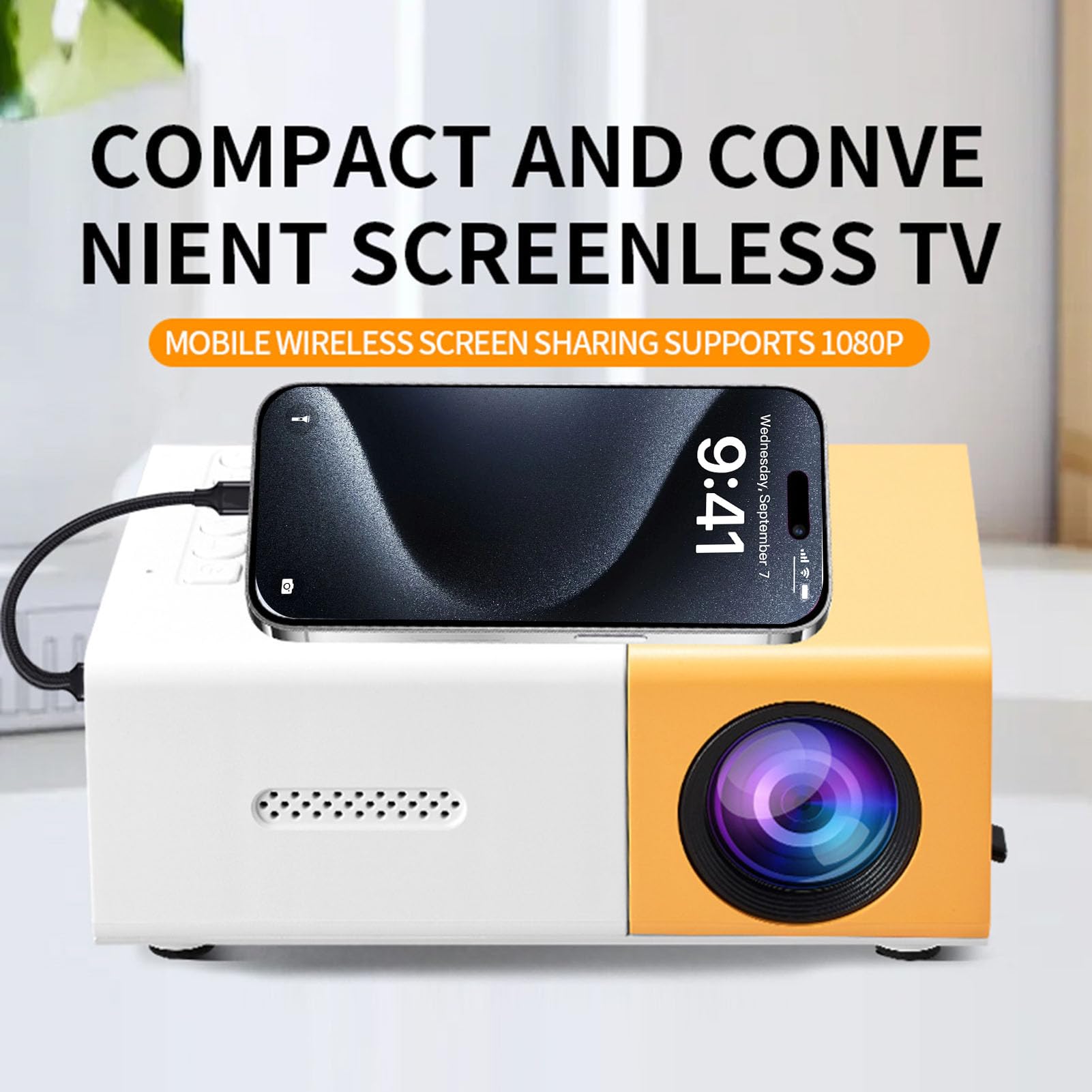 Tosuny Mini Projecteur, Vidéoprojecteur de Cinéma Maison 1080P, Projecteur de Film Extérieur LED 6000Lm avec Haut-Parleur Stéréo HiFi, Correction Automatique, pour Smartphone, USB, (Yellow White)