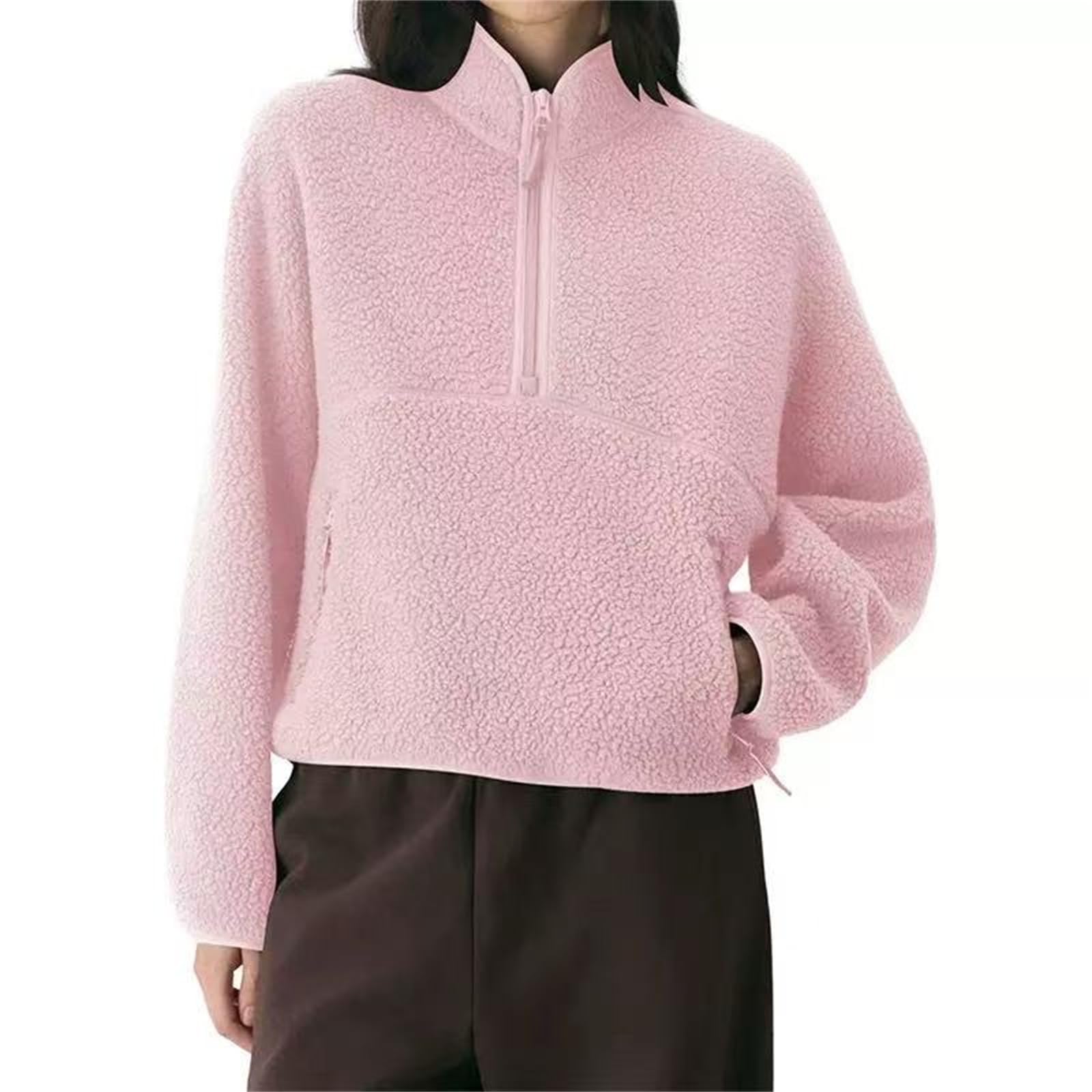 Damskie polarowe przycięte rozpinane bluzy z zamkiem błyskawicznym, sweter sherpa damski puszysty polar do połowy zamek błyskawiczny, z kieszeniami