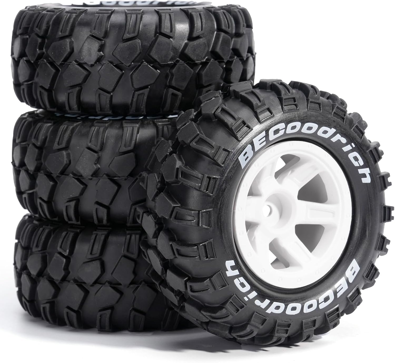 Pre-Glued Monster Truck Wheel & Tire Set for 1/14 1/16 RC Car Fits Slash/Summit, MJX 10208, 90 x 39 mm Rubber, 12 mm Hex Nylon Wheels, 4 pcs, Green