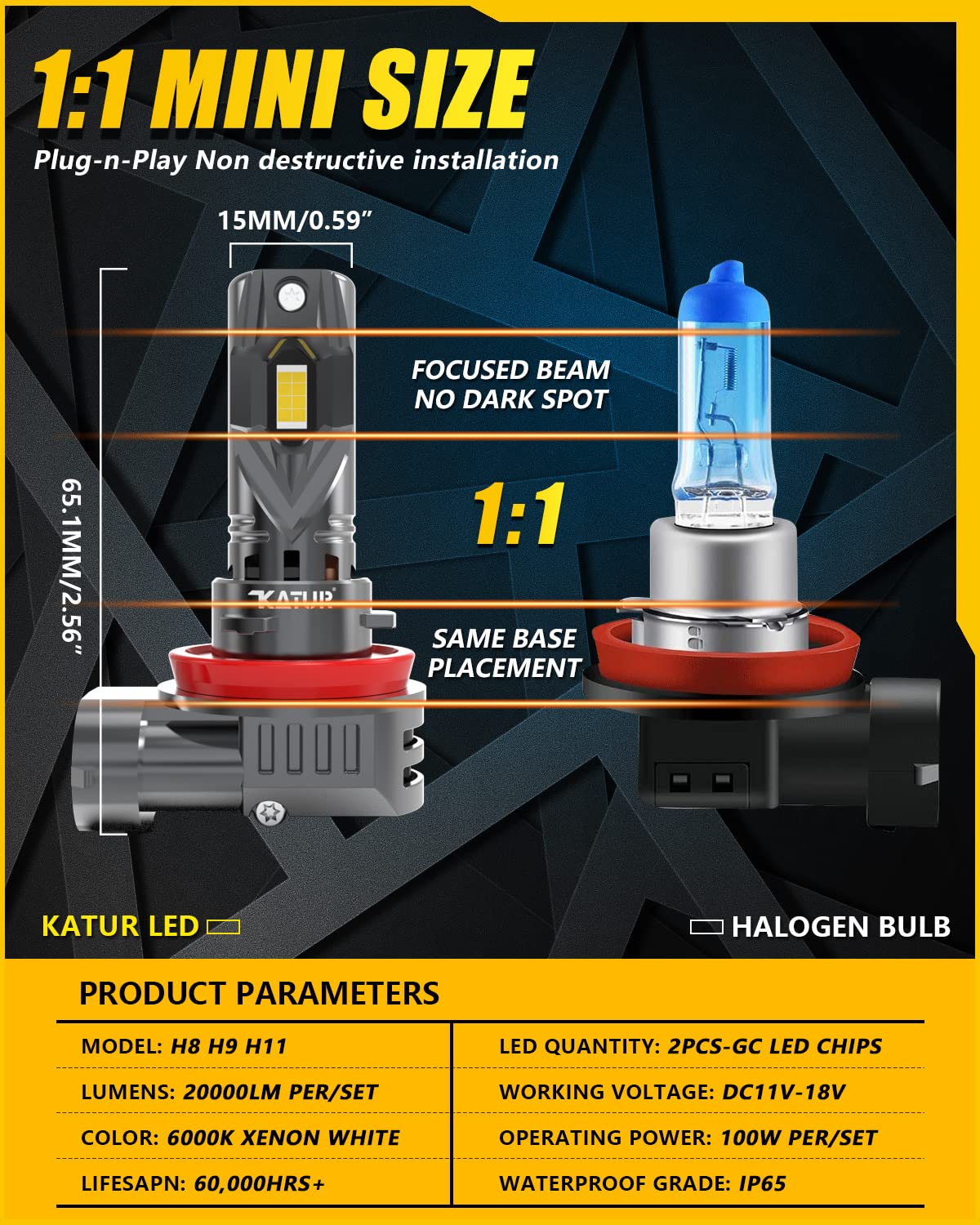 KATUR Ampoule H11 LED 20000LM, 100W 400% Lumière 6000K Blanc Anti Erreur Kit de Conversion LED H8 H9 Phares, 1:1 Mini Taille Plug and Play pour Rechange Lampes Halogènes (Pack de 2)