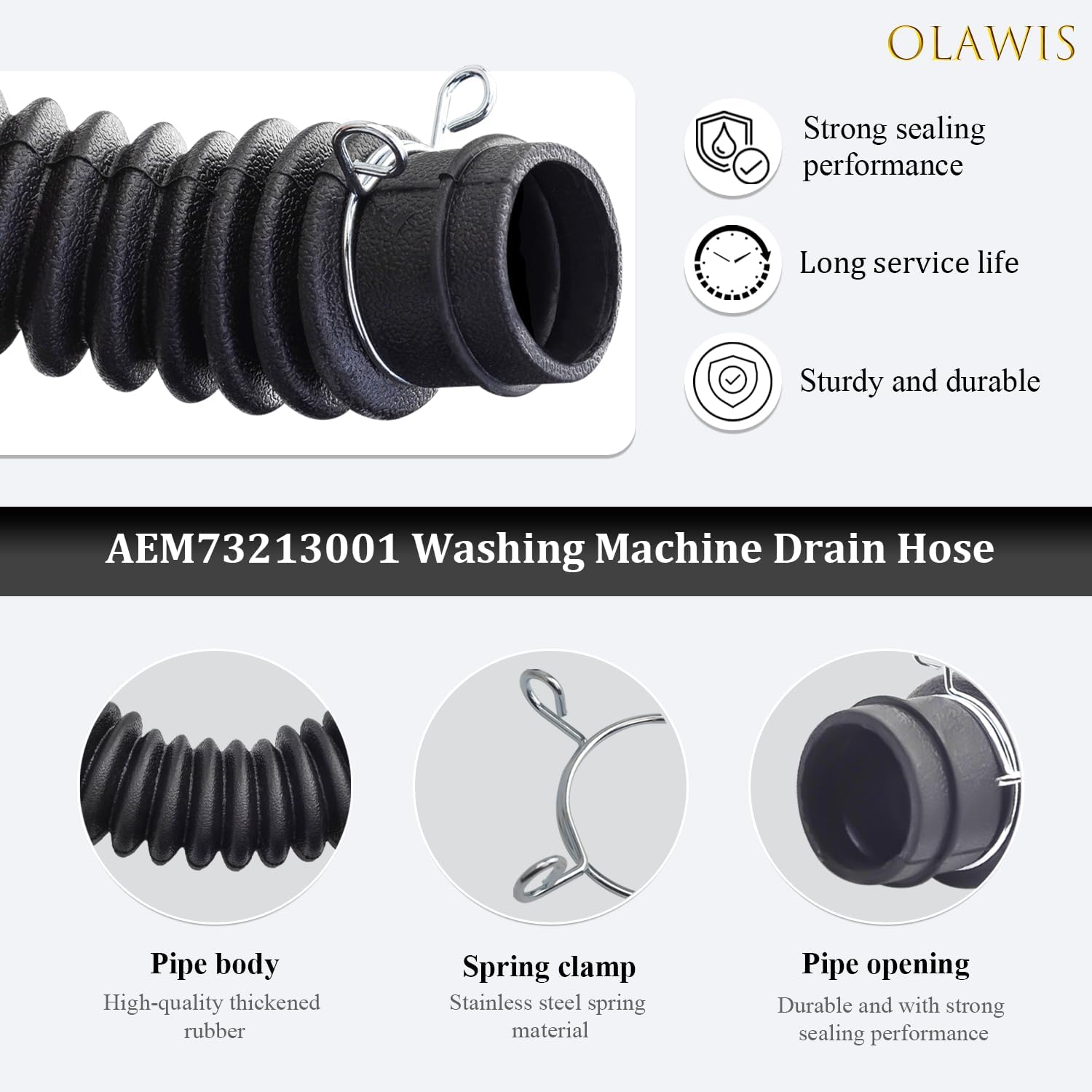 AEM73213001 Washer Drain Hose Assembly for LG Washing Machines – Thicker Tub-to-Pump Connector and 2 Stainless Steel Hose Clamps – Replaces Part Number 2134394
