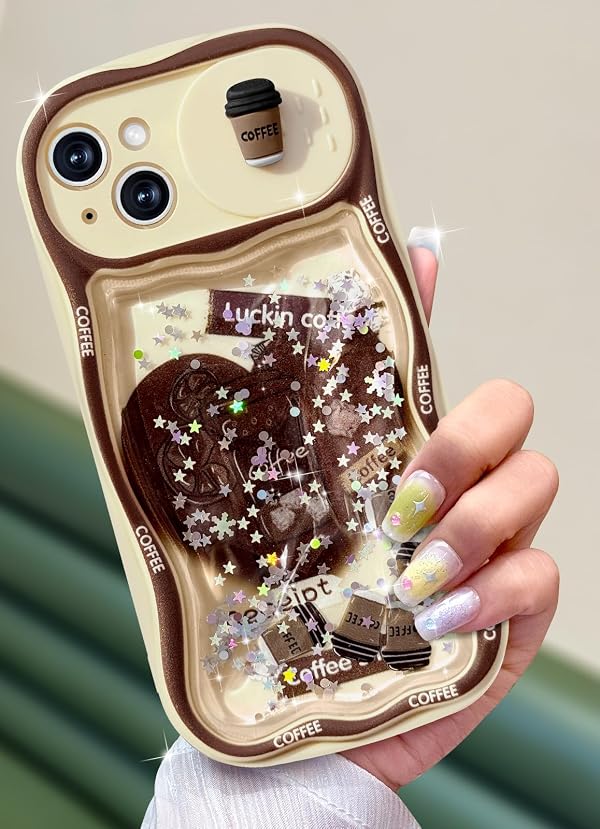 Toycamp for iPhone 15 Plus Case 6.7 Inch - Women Girls Cute Cover Coffee with Sliding Camera Cover Girly Glitter Teens Cartoon Teens Design Flowing Liquid Quicksand Phone Case for iPhone 15 Plus by Toycamp - Used condition - US$7.94