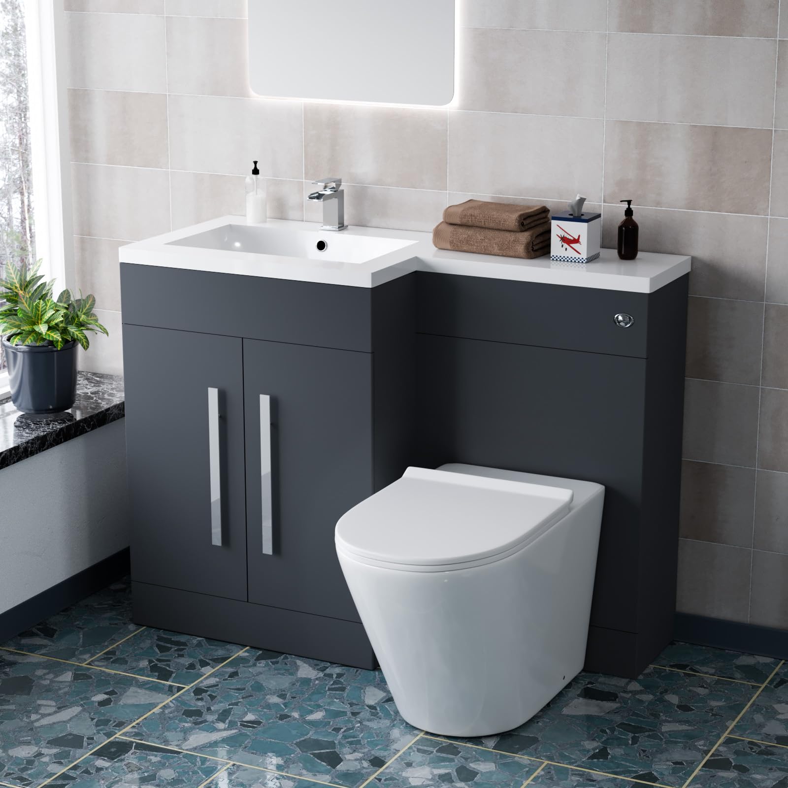 Nes Home Dark/Grey 1100Mm Lh Matte Basin Vanity Wc Unit & Rimless Back To Wall Toilet