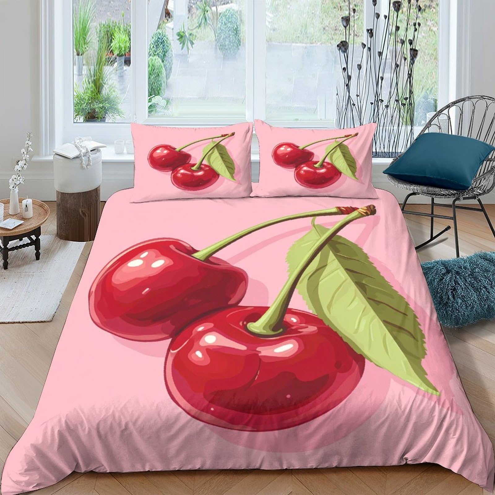 Ctjqhvkz Style-4 3D Printed Cherry Art Fitted Sheet Microfiber Soft Pink Decor Mattress Cover For Bedroom Guest Room House Single（135X200cm）