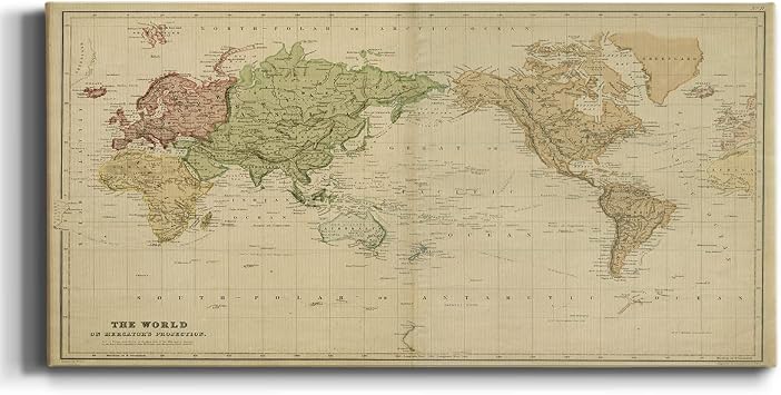 Renditions Gallery Home Decor Pictures & Prints Mercators Projection Map of World Canvas Hanging Artwork for Office Classroom Living Room Walls - 8"X16" LT516