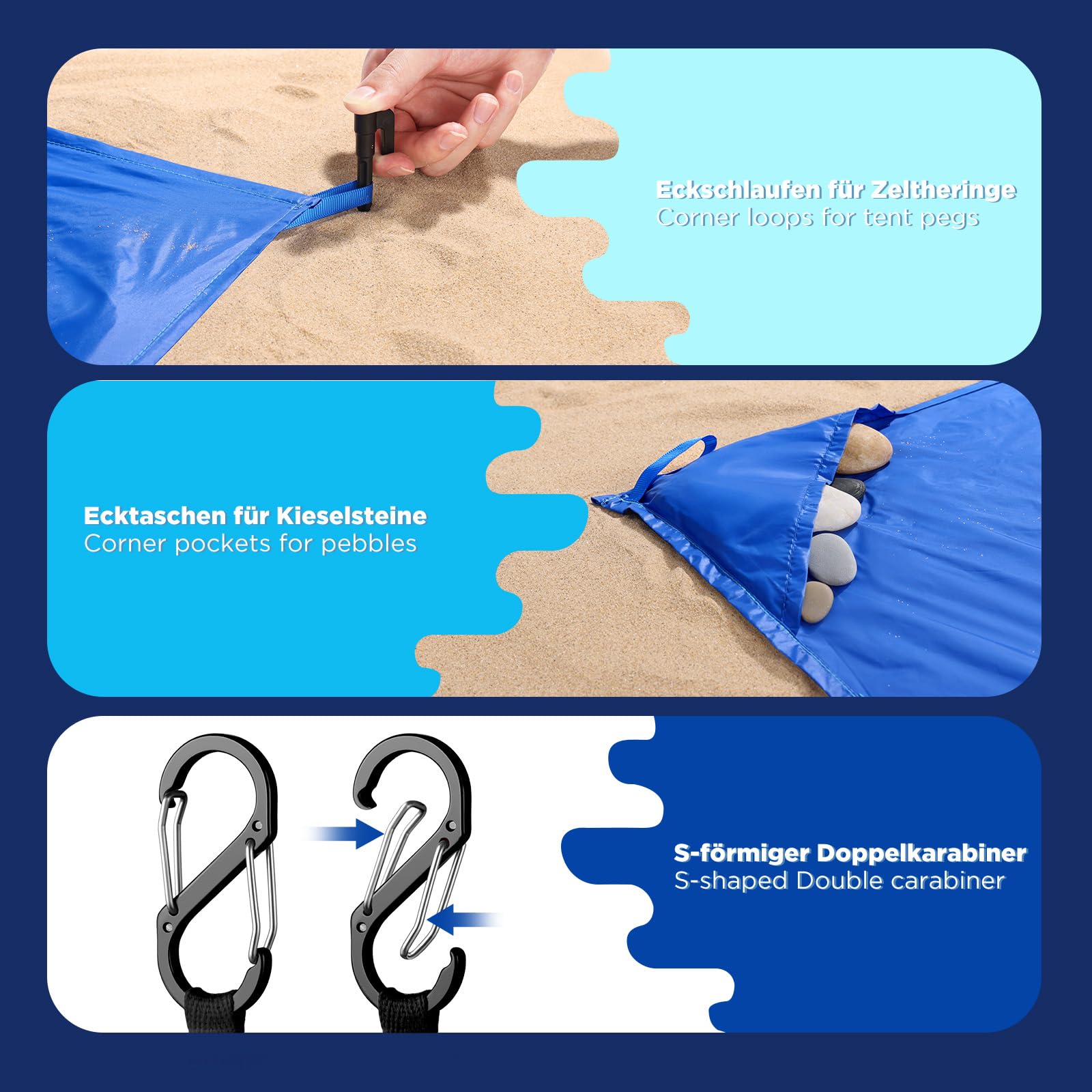 Stranddecke Sandfrei Super Große 220x215 cm – Feuchtigkeitsabweisend, Ultraleicht & Windfest & Ultradünne - Tragbare Picknickdecke für Strand, Camping & Outdoor - Strandmatte mit praktischem Karabiner