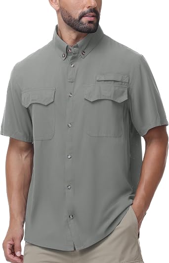 Roadbox Mens Fishing Shirts Short Sleeve Sun Protection Button Down Quick Dry Cooling Hiking Shirt for Travel Safari Camping