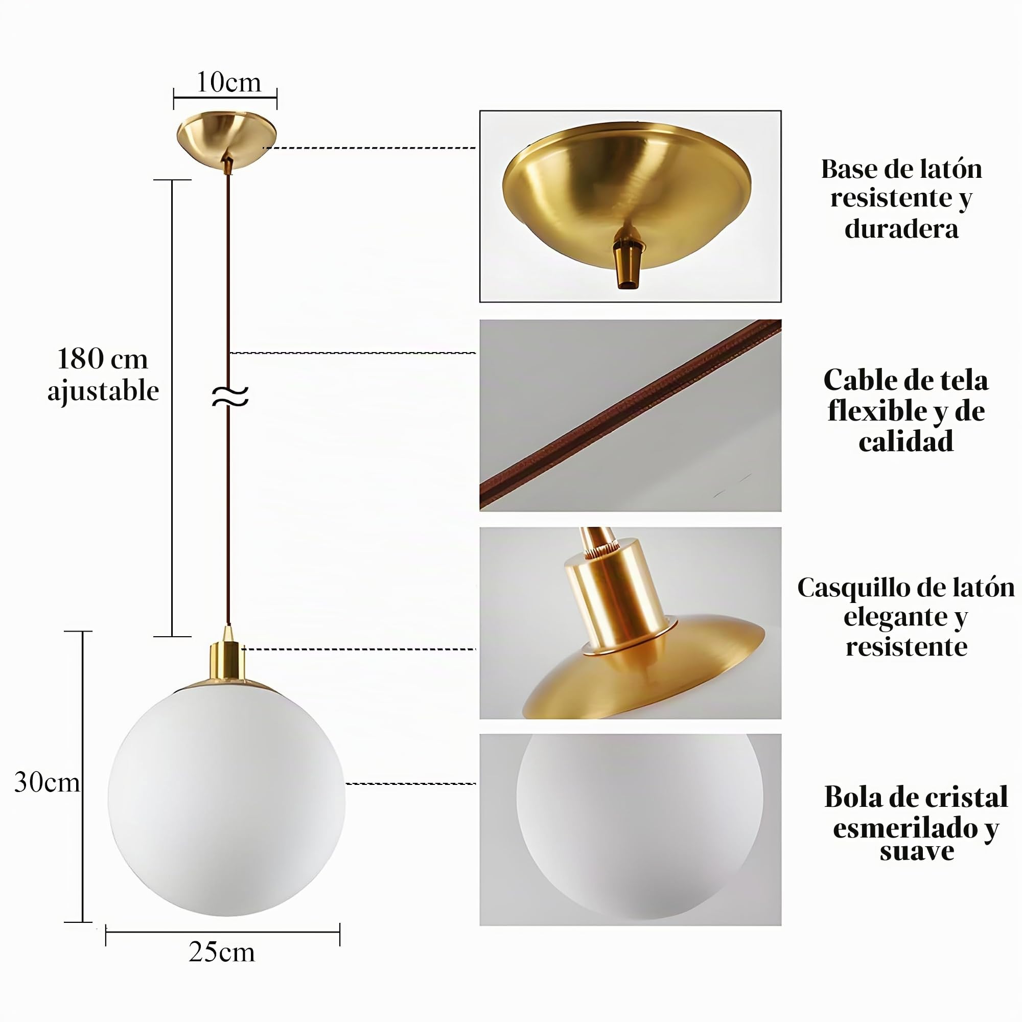 EKSED Lámpara Colgante Moderna con Globo de Vidrio Esmerilado, Casquillo E27, Acabado en Latón Antiguo, para Comedor, Dormitorio o Pasillo (25cm)