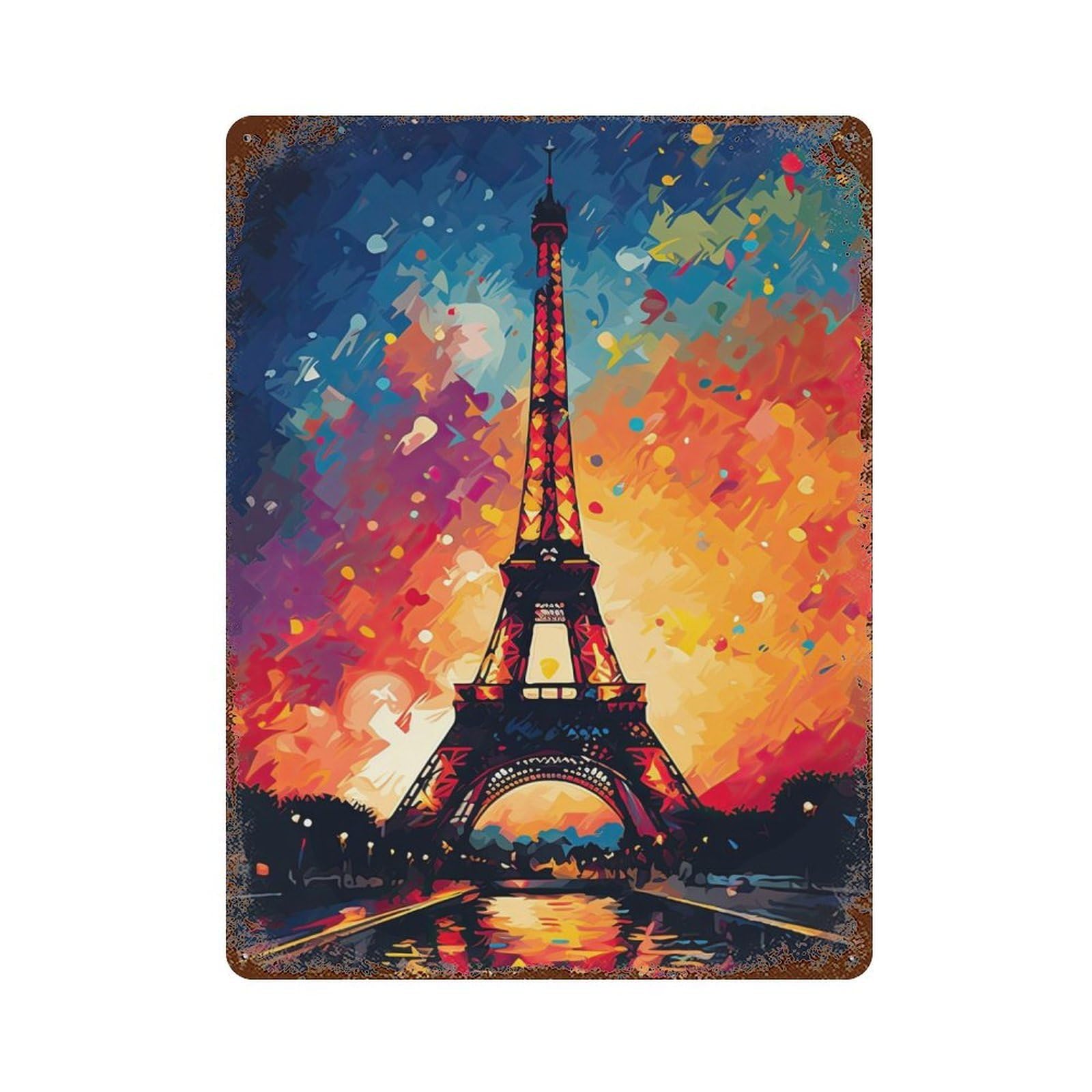 Eiffel Tower Painting Aged Metal Wall Plaque 15.7"x11.8", Industrial Home Decor for Pub, Kitchen And Man Cave Decor