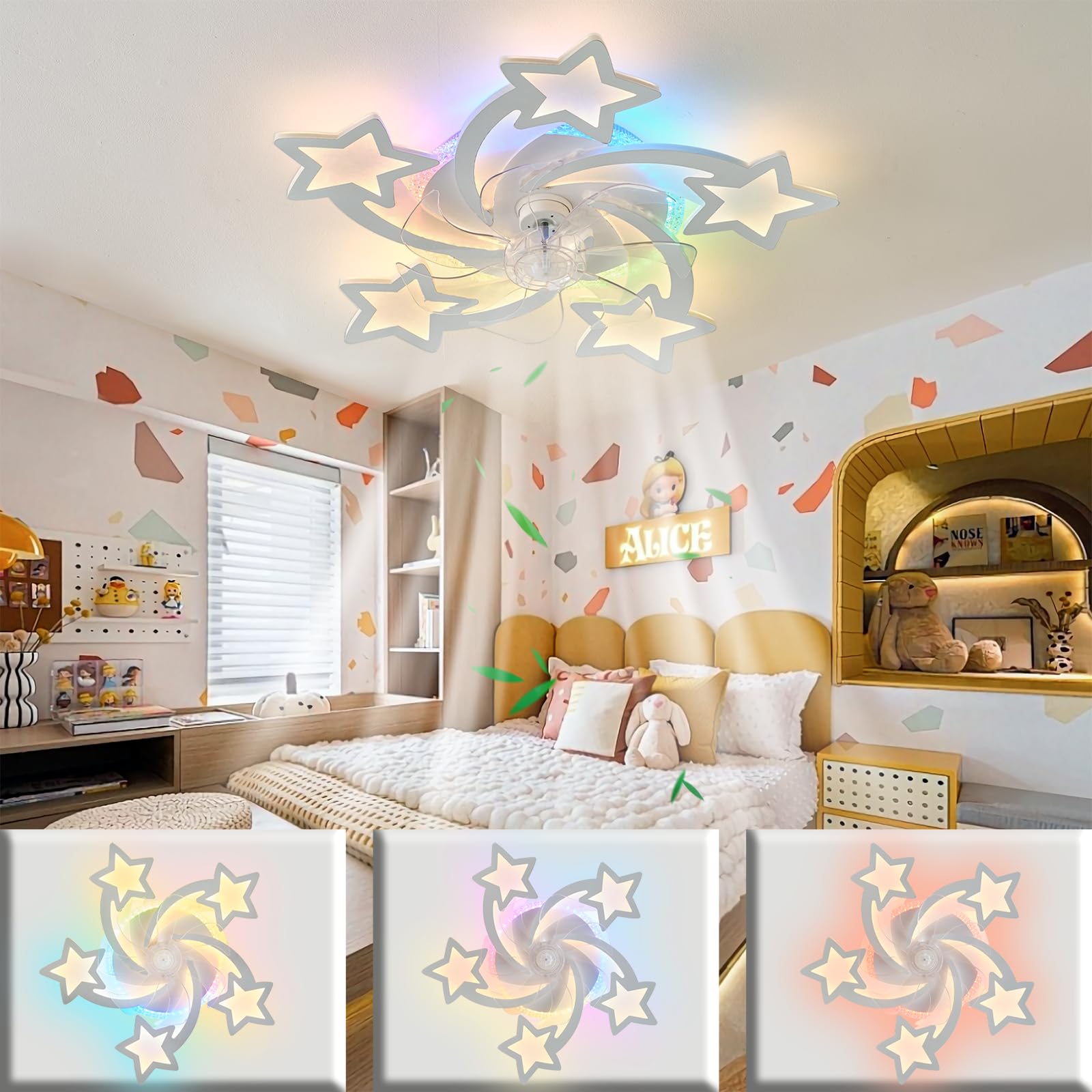 Ventilador De Techo Con Luz Infantil 69CM Diseño De Pentagramas Lámpara Con Ventilador RGB Regulable 6 Velocità Silencioso Lampara Ventilador Techo Dormitorio Motor DC Verano Invierno Reversible