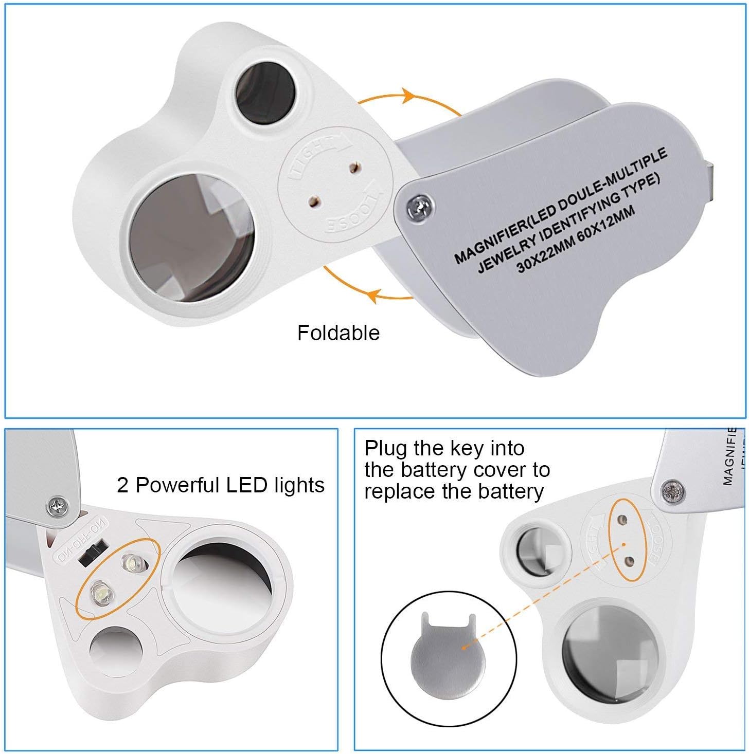 Beemoon Jewelry Magnifier, 30 X 60X Illuminated Jewelry Loupe for Gems Jewelry Rocks Stamps Coins Watches Antiques Models Photos : Arts, Crafts & Sewing