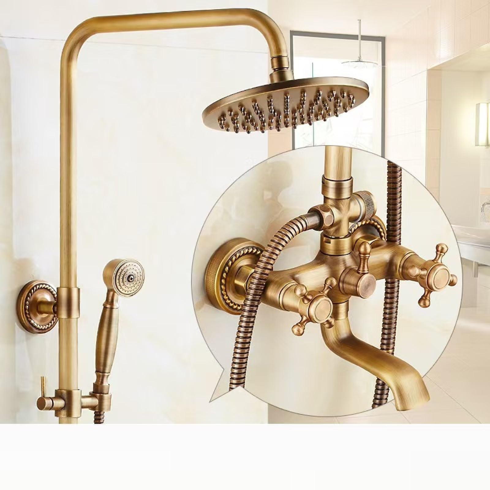 Fanjubei Women's Seven-Character Tube - Seven Tubes All-Copper Antique-Style Shower And Shower Set Shower Faucet With A Seven-Pipe - Seven-Tube Style
