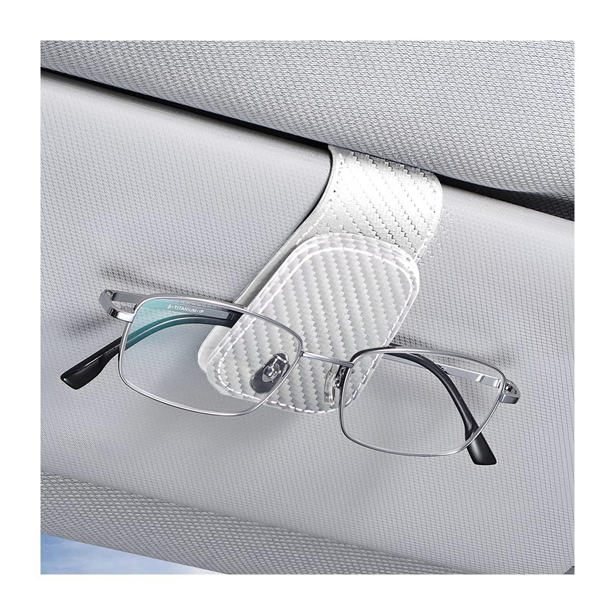 AICEL Sunglasses Holders for Car Sun Visor, Leather Magnetic Clip, White