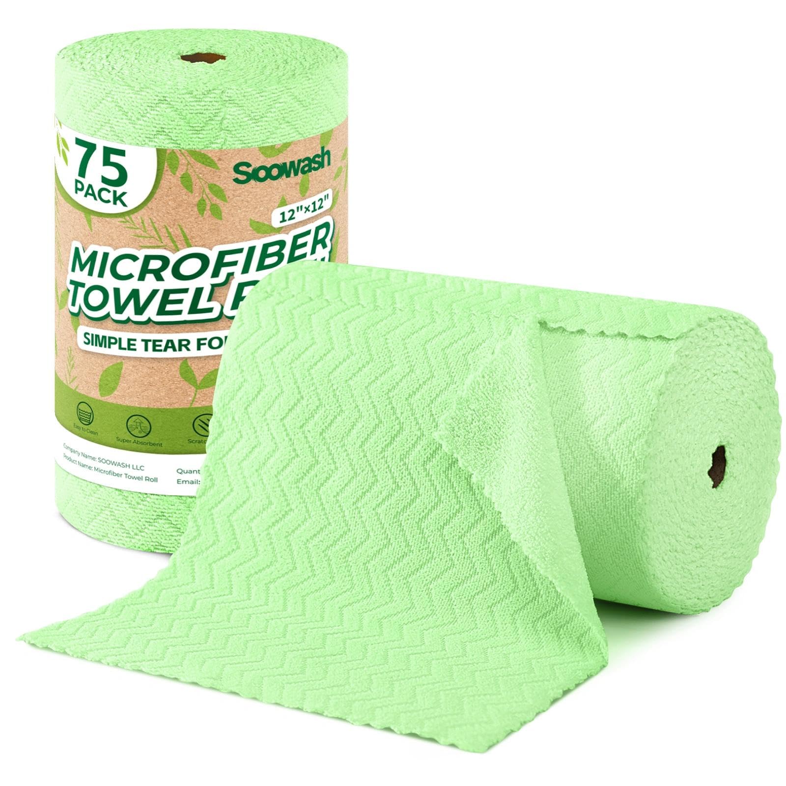 Mikrofaser-Reinigungstücher auf Rolle, 30,5 x 30,5 cm, fusselfrei, 75 Stück | Abreißbares Design, fusselfrei, waschbar, kratzfest, ultra saugfähig, für Geschirrtücher und Haushaltsreinigung, grüne Farbe