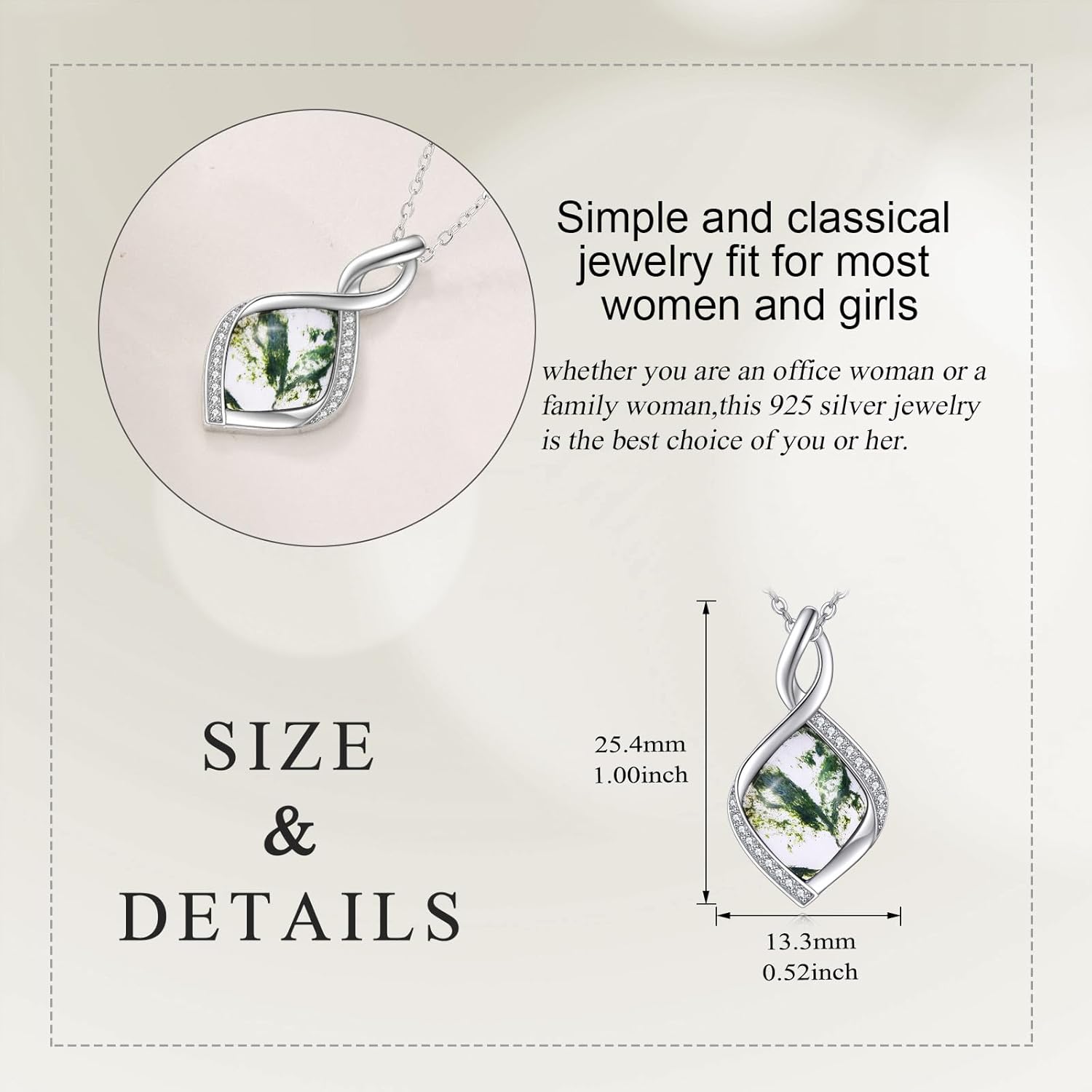 Moss Agate Necklace 925 Sterling Silver Vintage Natural Gemstone Pendant Jewelry Birthday Christmas Gifts for Women Mom - Image 4