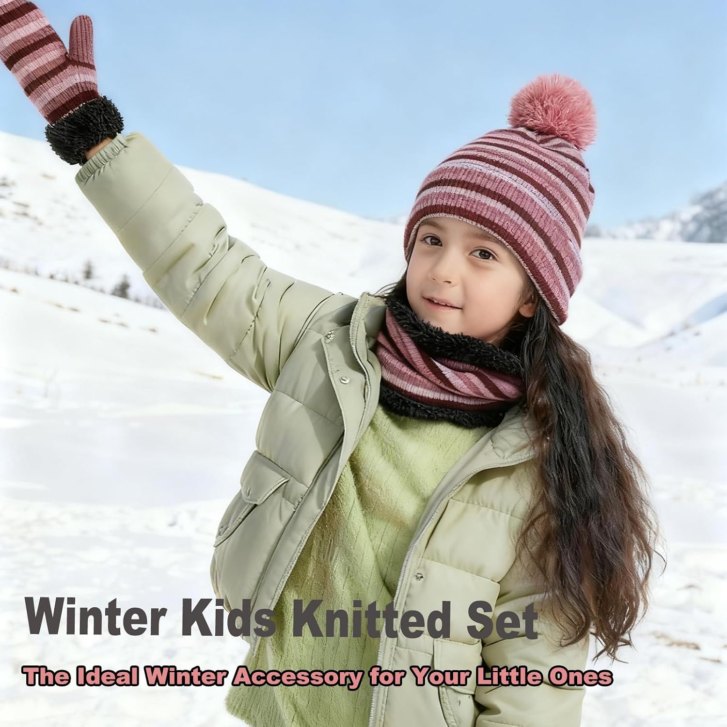 3Pcs Kids Winter Hat Gloves Scarf Set Thick Knitted Striped Pompom Beanie Mitten Neck Warmer for Girls Boys Children