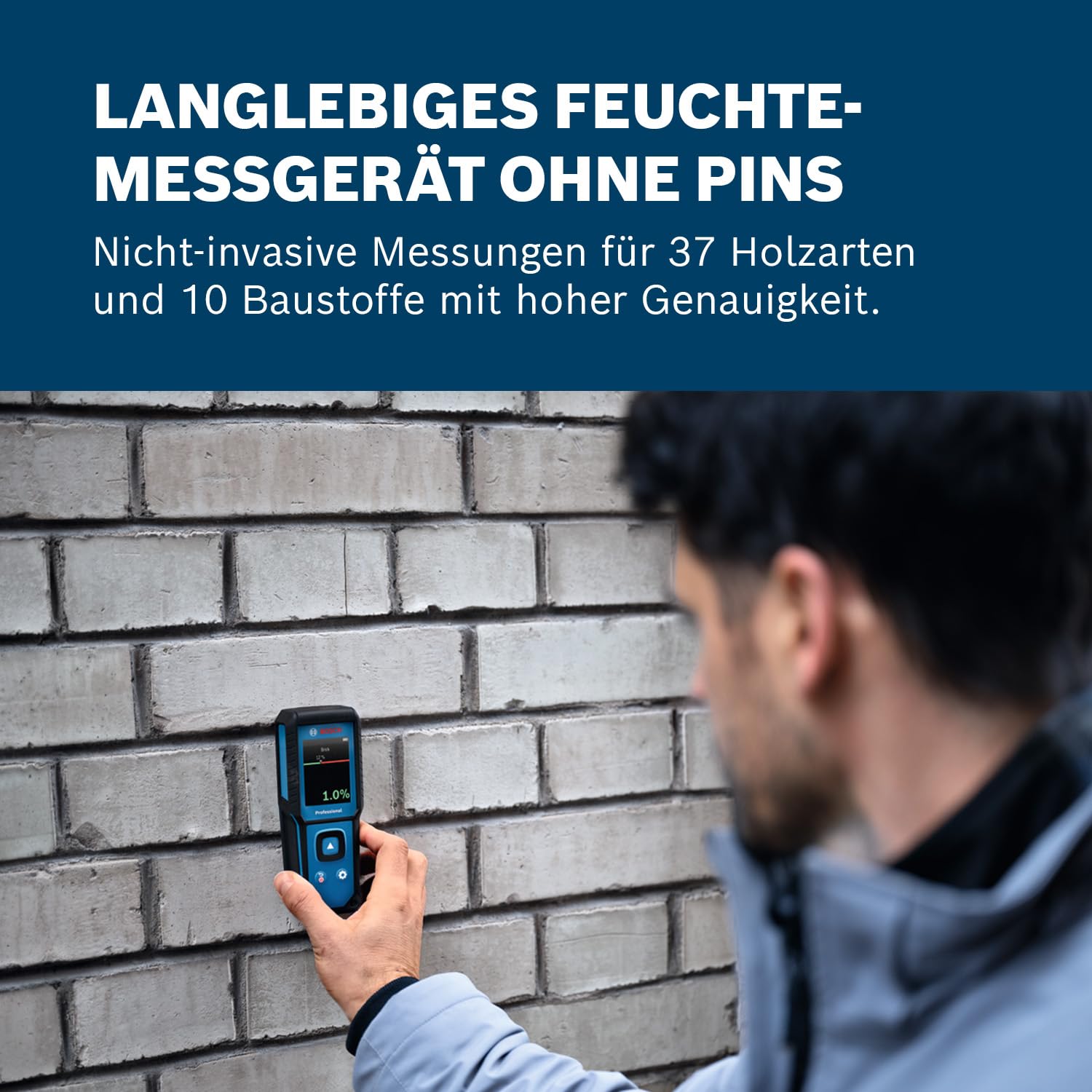 Bosch Professional Feuchtemessgerät GMM 1-15 (nicht-invasiv, misst 37 Holzarten und 10 Baustoffe, Schutzklasse IP 65, 2x AA-Batterie, Tasche)