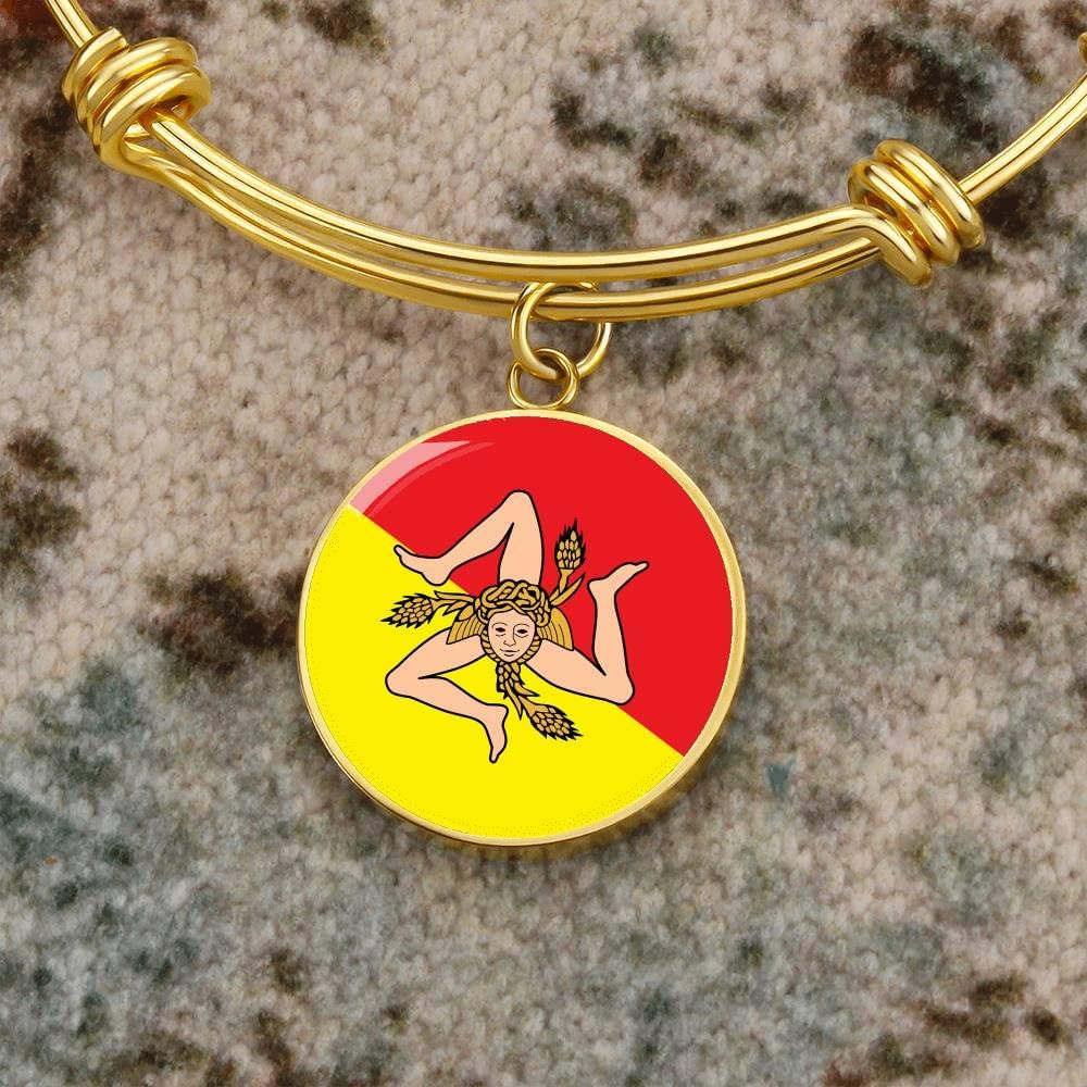 P.S. I Love Italy Gold Sicilian Flag With Circle Charm Bangle - Great Italian Themed Jewelry Gift - Shatterproof Glass Bangle on Surgical Steel Fashion Bracelet