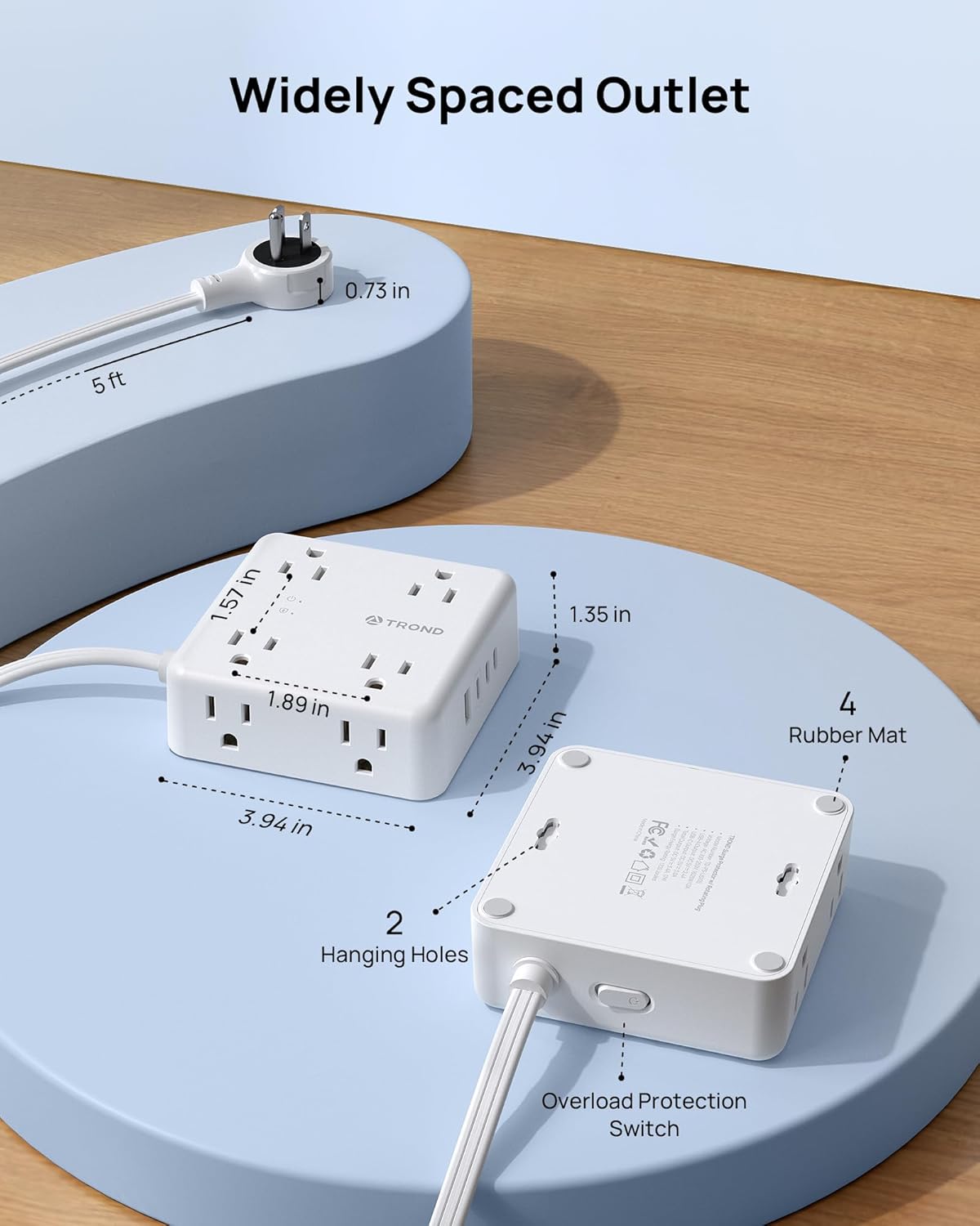 TROND Power Strip, 360° Rotating Flat Plug, 8 Widely Spaced Outlets, 3C1U, Flat Plug Extension Cord 5ft, 1440J Surge Protector for Home Office, White