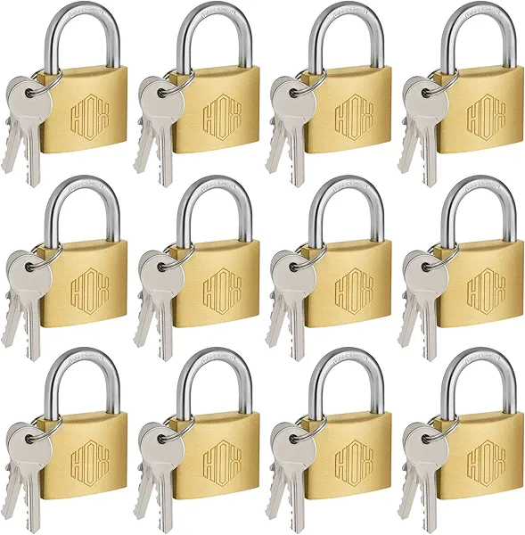 HOX Solid Brass Keyed Different Padlock with 1-9/16-Inch Wide Body, Brass Cylinder - for Hasp Latch, Sheds, Fences, Storage Locker, 12-Pack