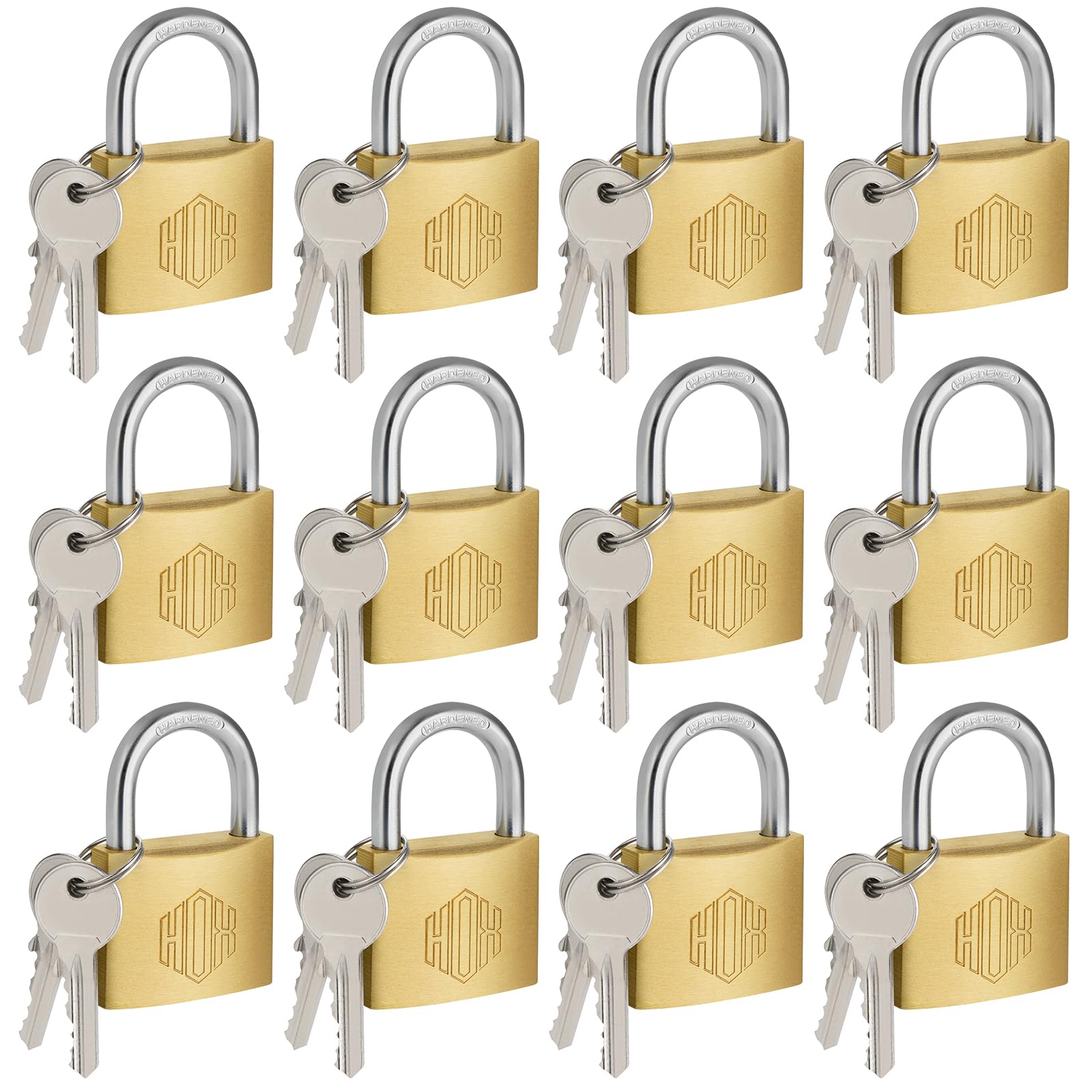 HOX Solid Brass Keyed Different Padlock with 1-9/16-Inch Wide Body, Brass Cylinder - for Hasp Latch, Sheds, Fences, Storage Locker, 12-Pack