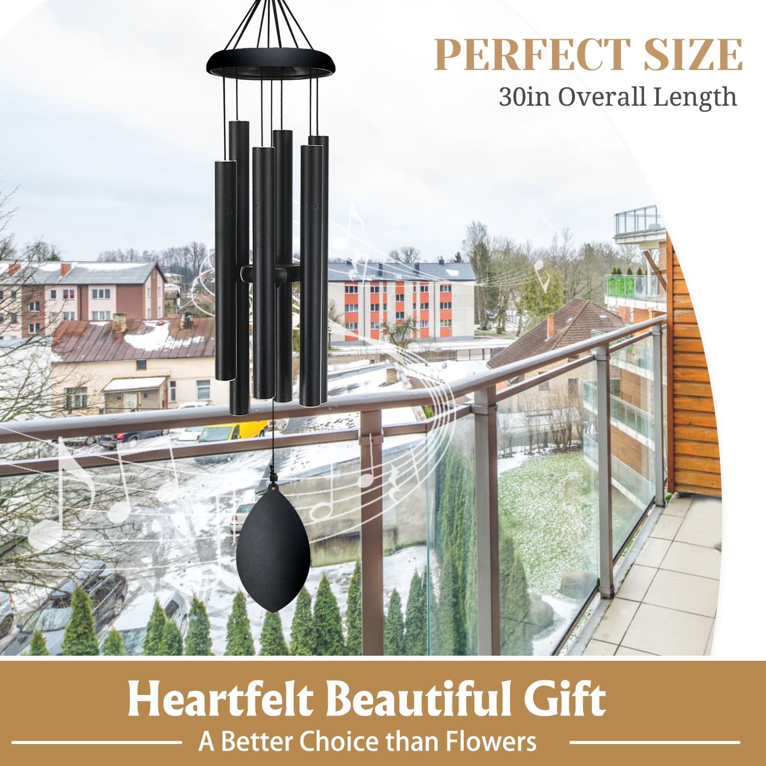 Wind Chimes for Outside Deep Tone, 30 Inch Memorial Wind Chimes with 6 Tuned Aluminum Tubes, Black Garden Decor for Sympathy Gift, Mother’s Day, Patio, Porch with S Hook & Greeting Card