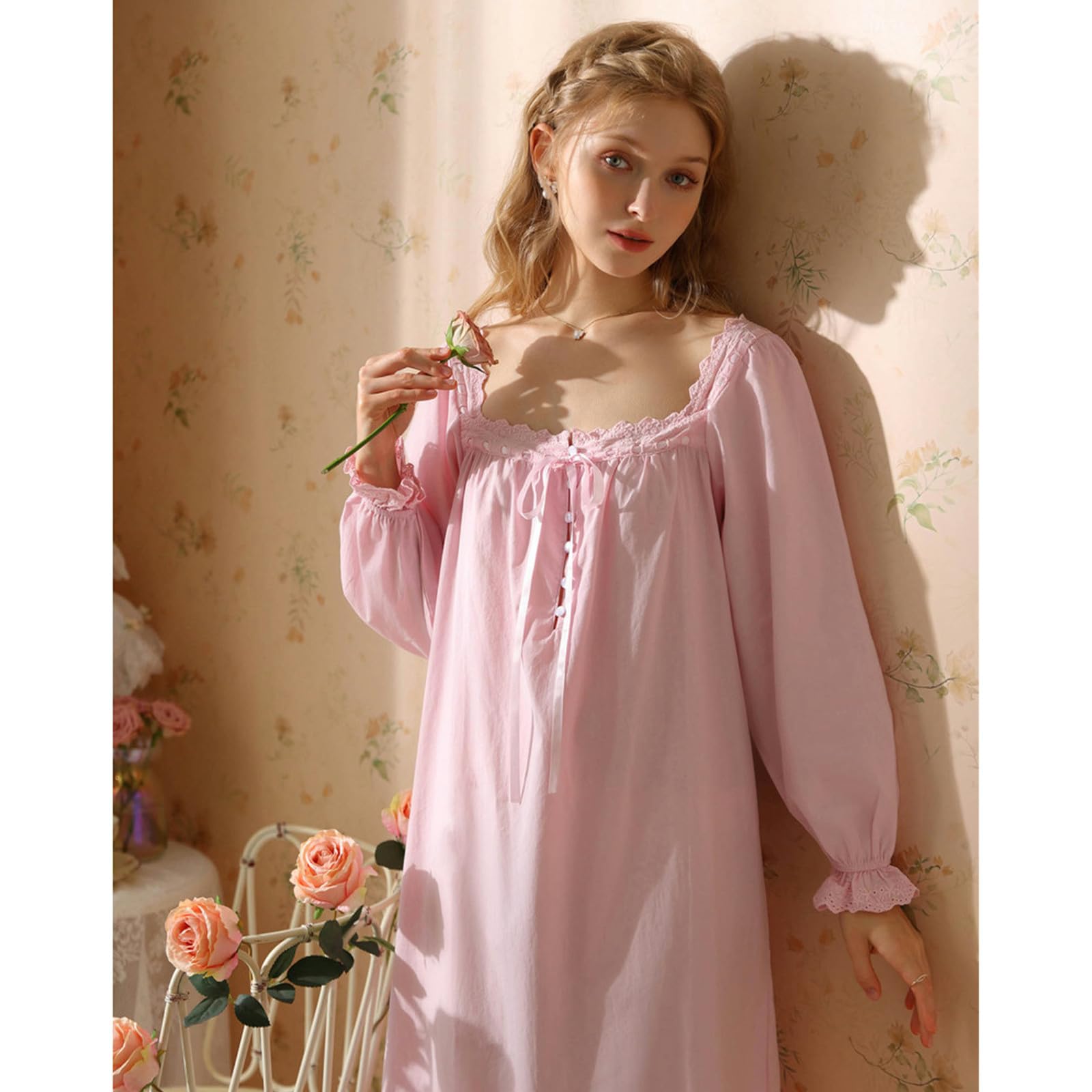 Camicia Notte Donna Palace Princess Style Nightdress Women Spring And Autumn Cotton Long Long Long Long Pigias Donne Plus Size Home-Manica Lunga Rosa-XL